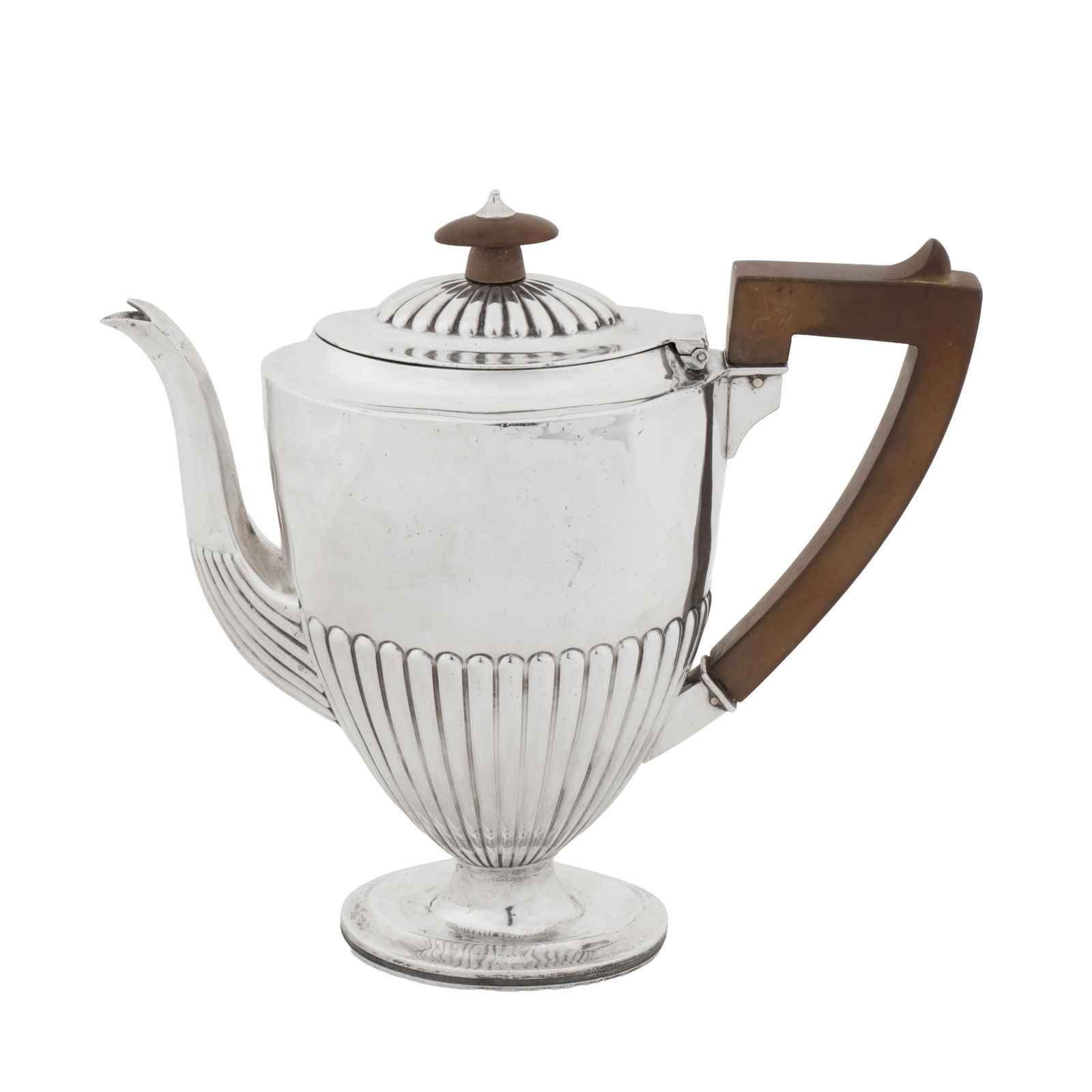 London 1884 by Martin Hall A Victorian sterling silver coffee pot: London 1884 by Martin Hall A Victorian sterling silver coffee pot Of urn form upon a circular spread foot with a curved spout opposite a D section handle, the hinged domed lid surmounted by a