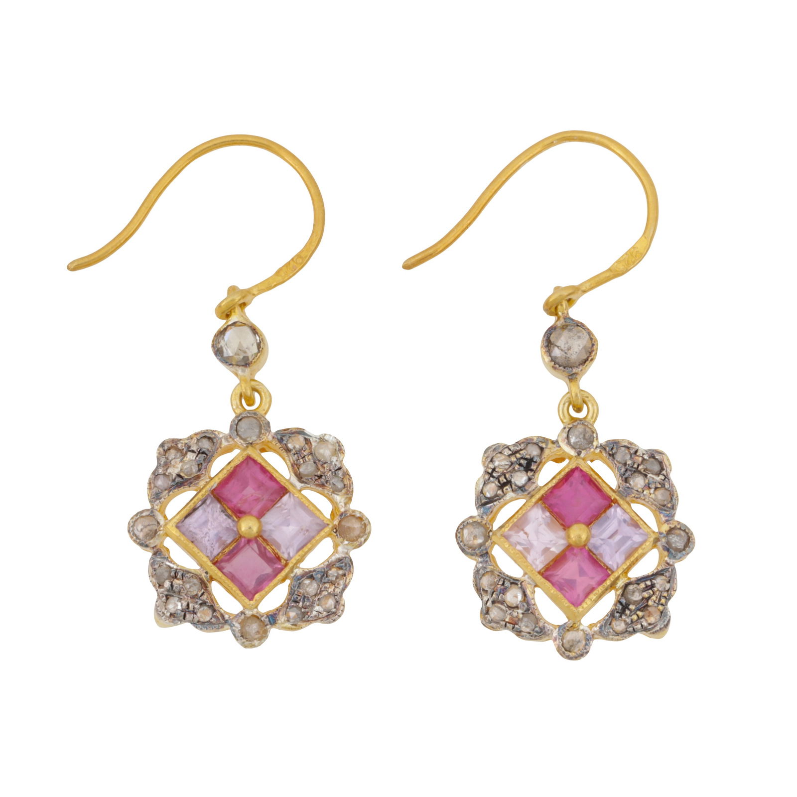 A pair of pink sapphire and diamond pendant earrings Yellow and white metal: A pair of pink sapphire and diamond pendant earrings Yellow and white metal Of pierced square design, set with square-cut pink sapphires, accented by rose-cut diamonds, to milgrain decorations, hook