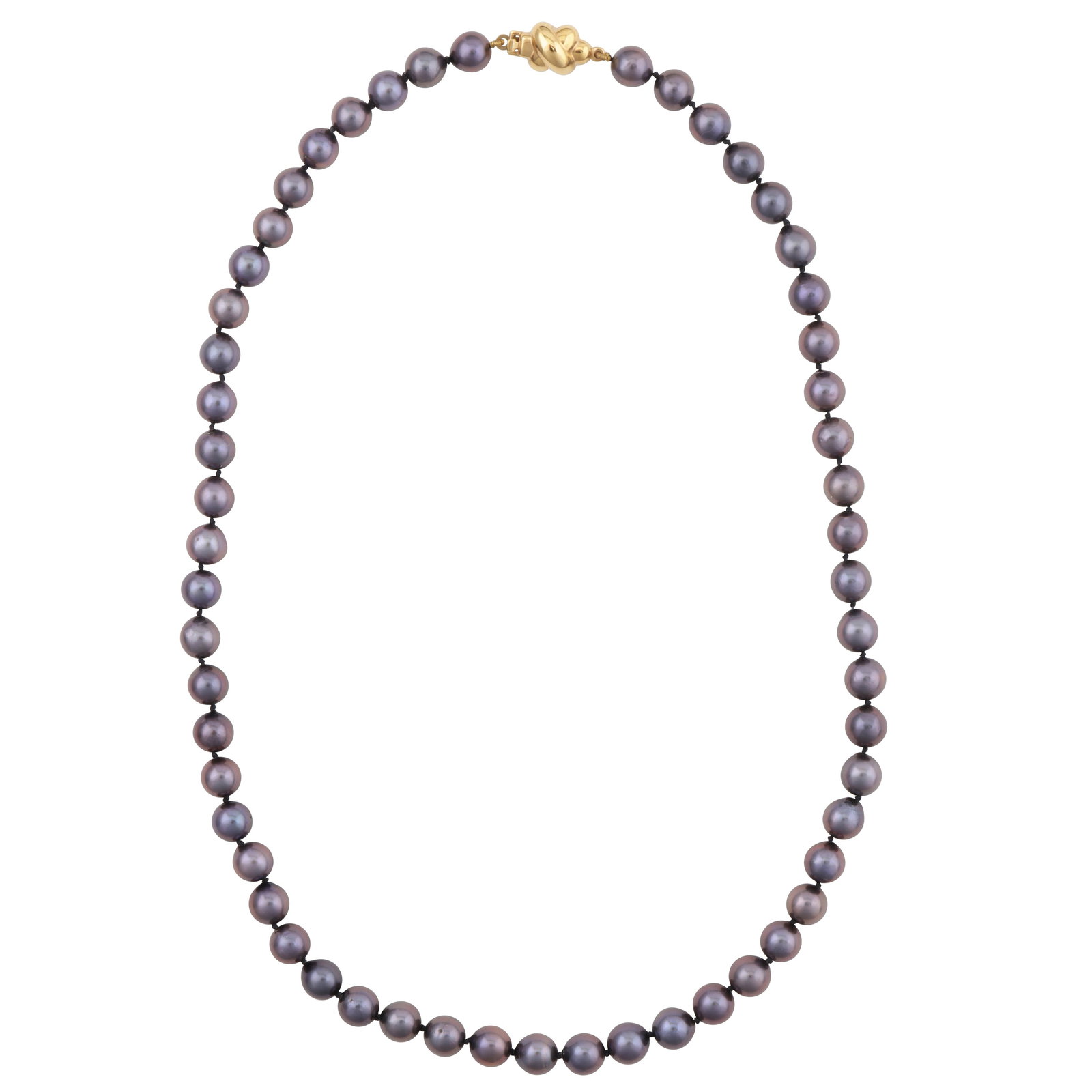 A black pearl single strand necklace Yellow metal: A black pearl single strand necklace Yellow metal Set with 6.5-6.8mm round and near-round pearls of black and aubergine tint, to a cross fishhook clasp, mounted in yellow metal, maker's mark,