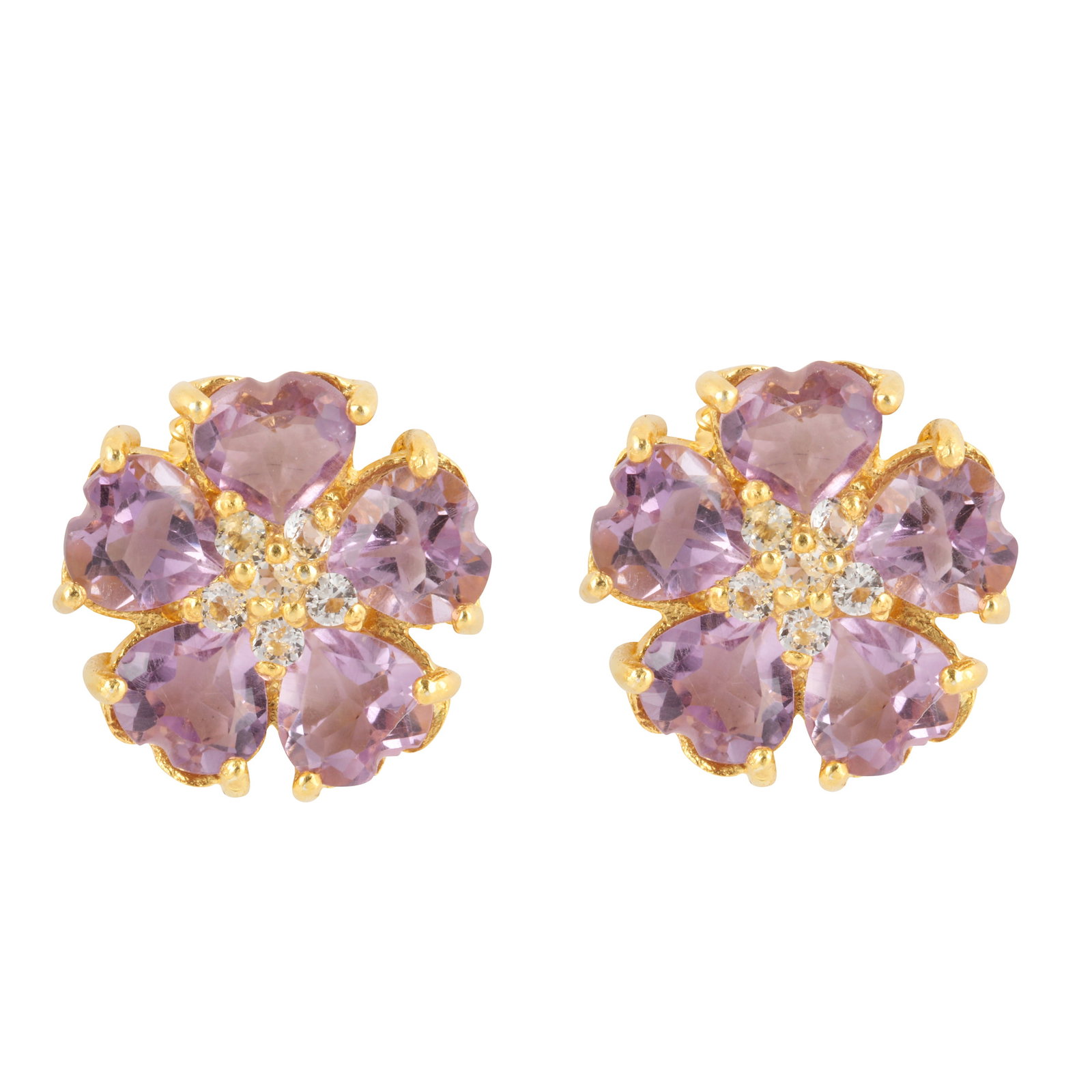 A pair of amethyst and paste flower stud earrings Yellow metal: A pair of amethyst and paste flower stud earrings Yellow metal Each set with five heart-shaped amethysts, accented by circular-cut pastes, post and butterfly fittings, mounted in yellow metal,