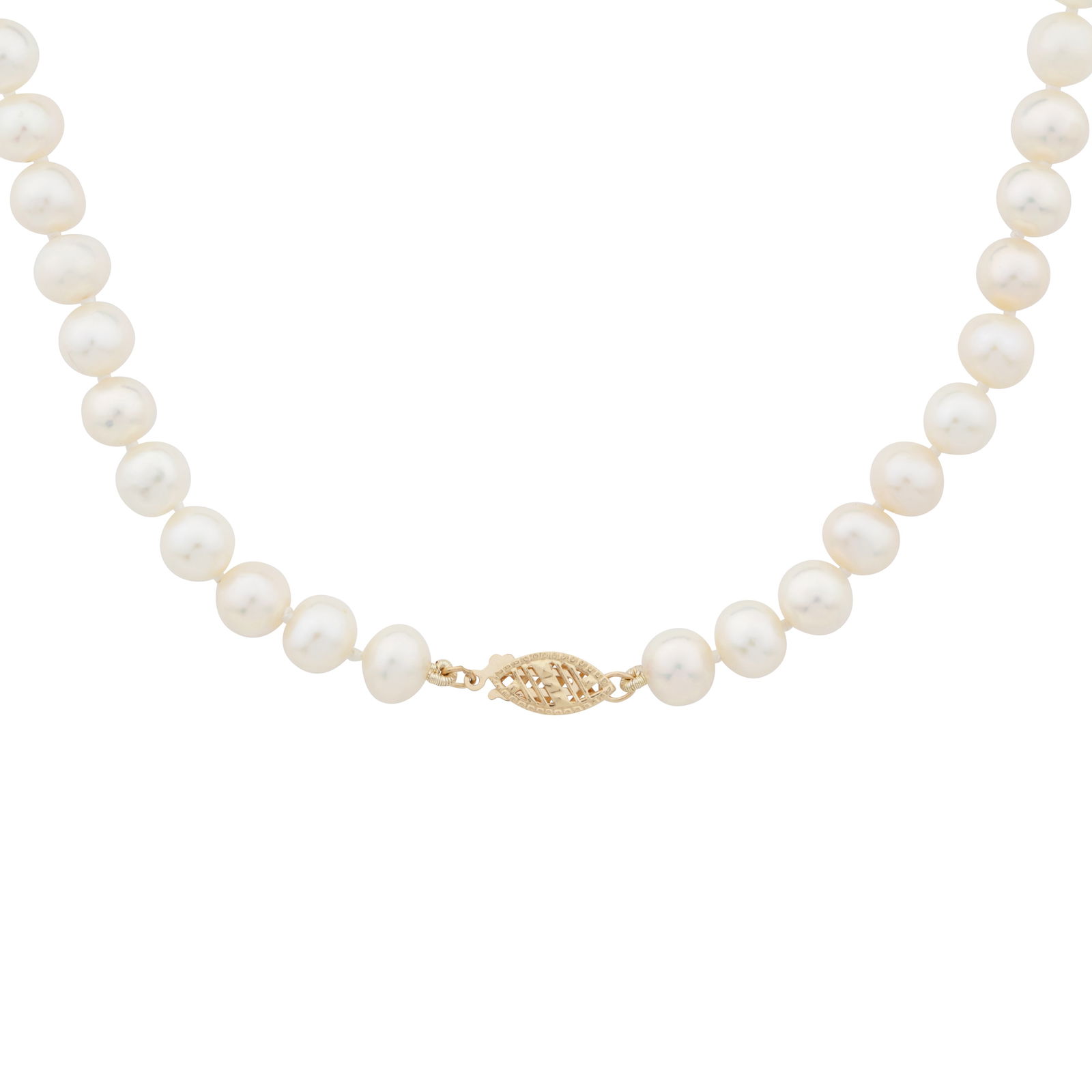 A single strand pearl necklace Yellow metal: A single strand pearl necklace Yellow metal Set with 6.6-7.4mm round and near-round cultured pearls of white tint, to a hookfish clasp, stamped 10K, length 41.0cm