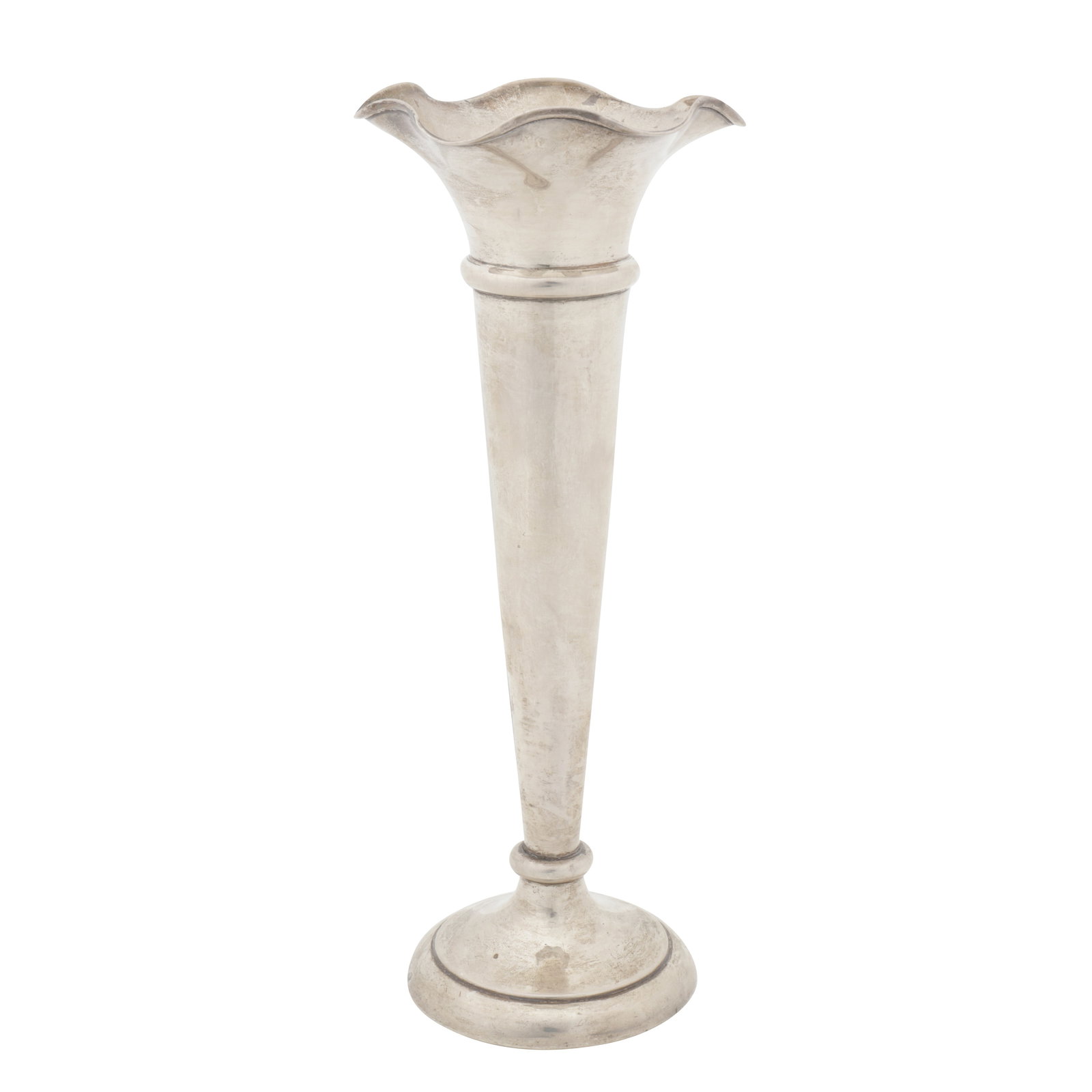 Sheffield 1914 by Walker and Hall A George V sterling silver posy vase: Sheffield 1914 by Walker and Hall A George V sterling silver posy vase Of tapering cylindrical form with a wavy rim upon a spreading circular foot. Fully marked. Filled. Height - 23.7 cm / 9.33
