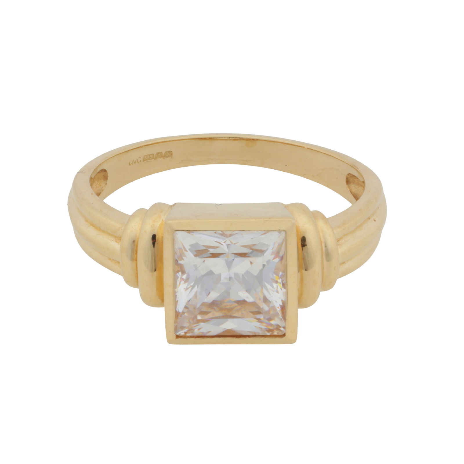 A cubic zirconia single stone ring, circa 1998 14ct yellow gold: A cubic zirconia single stone ring, circa 1998 14ct yellow gold Centrally collet-set with a square-cut cubic zirconia, to ribbed decorated shoulders and band, maker's mark, UK hallmark, size T