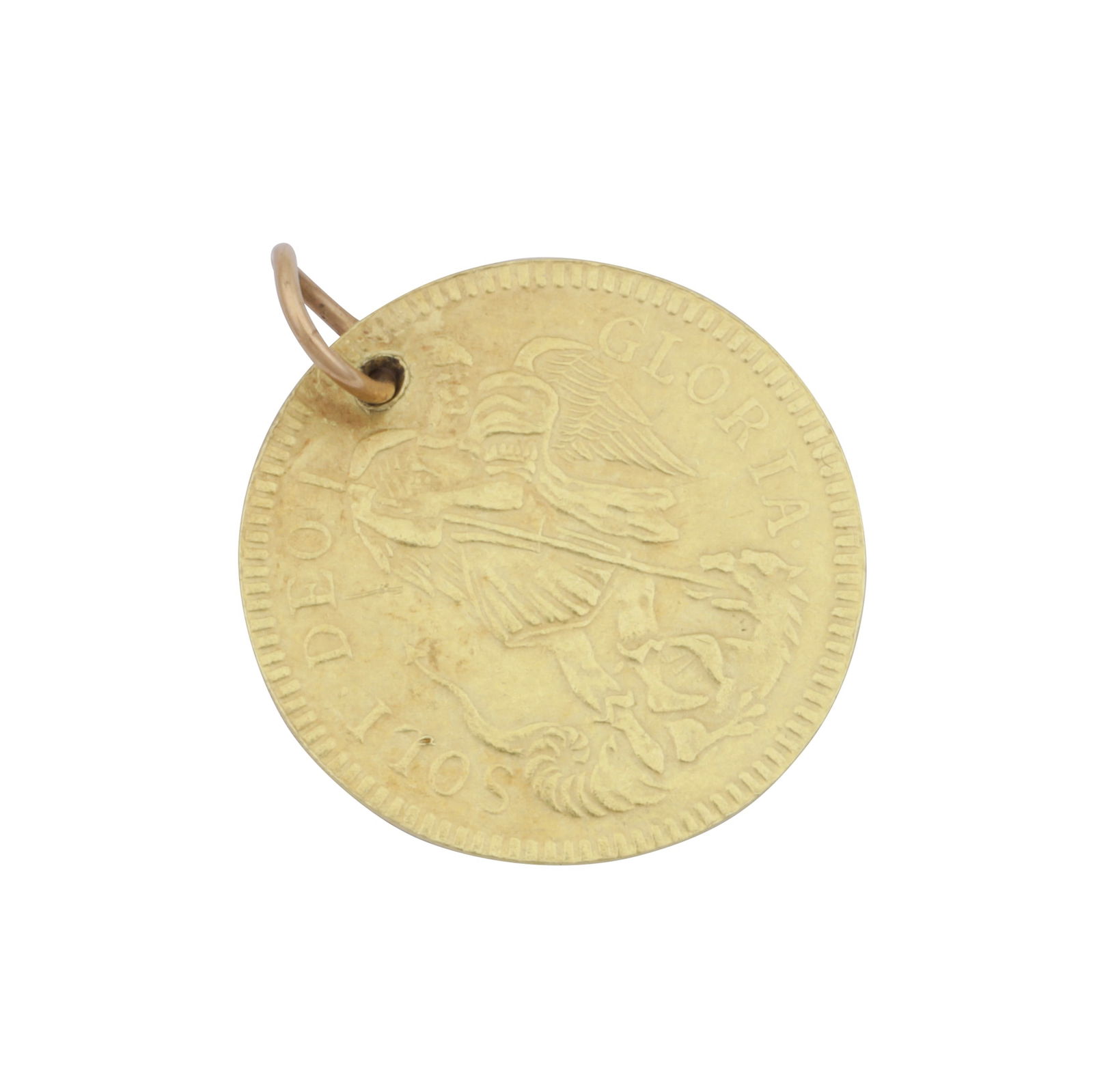 A circular pendant Yellow metal: A circular pendant Yellow metal An 18 carat yellow gold touch piece depicting St George slaying the dragon 'Soli Deo Gloria', three masted ship 'Car II DG MB FRETHIREX', UK hallmark, pierced for