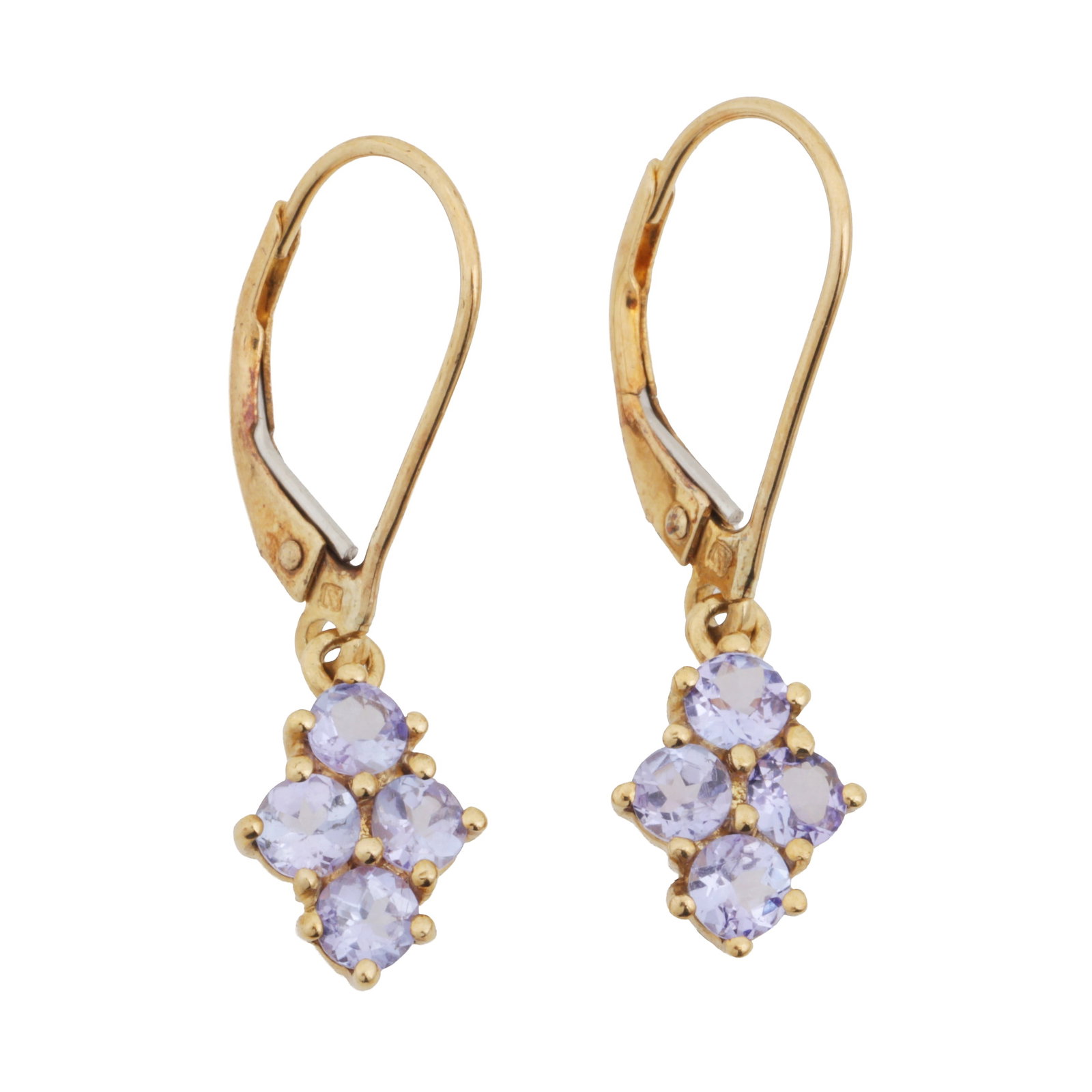 A pair of paste pendent earrings Yellow metal: A pair of paste pendent earrings Yellow metal Each set with four circular-cut violet pastes, to hook fittings, stamped 9K, length 2.5cm