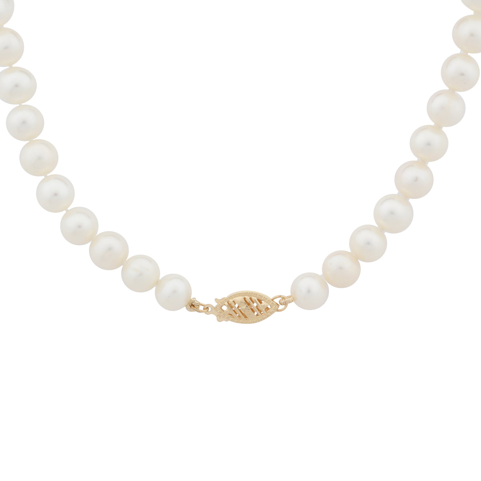 A single strand pearl necklace Yellow metal: A single strand pearl necklace Yellow metal Set with 6.6-7.4mm round and near-round cultured pearls of white tint, to a hookfish clasp, stamped 10K, length 41.0cm