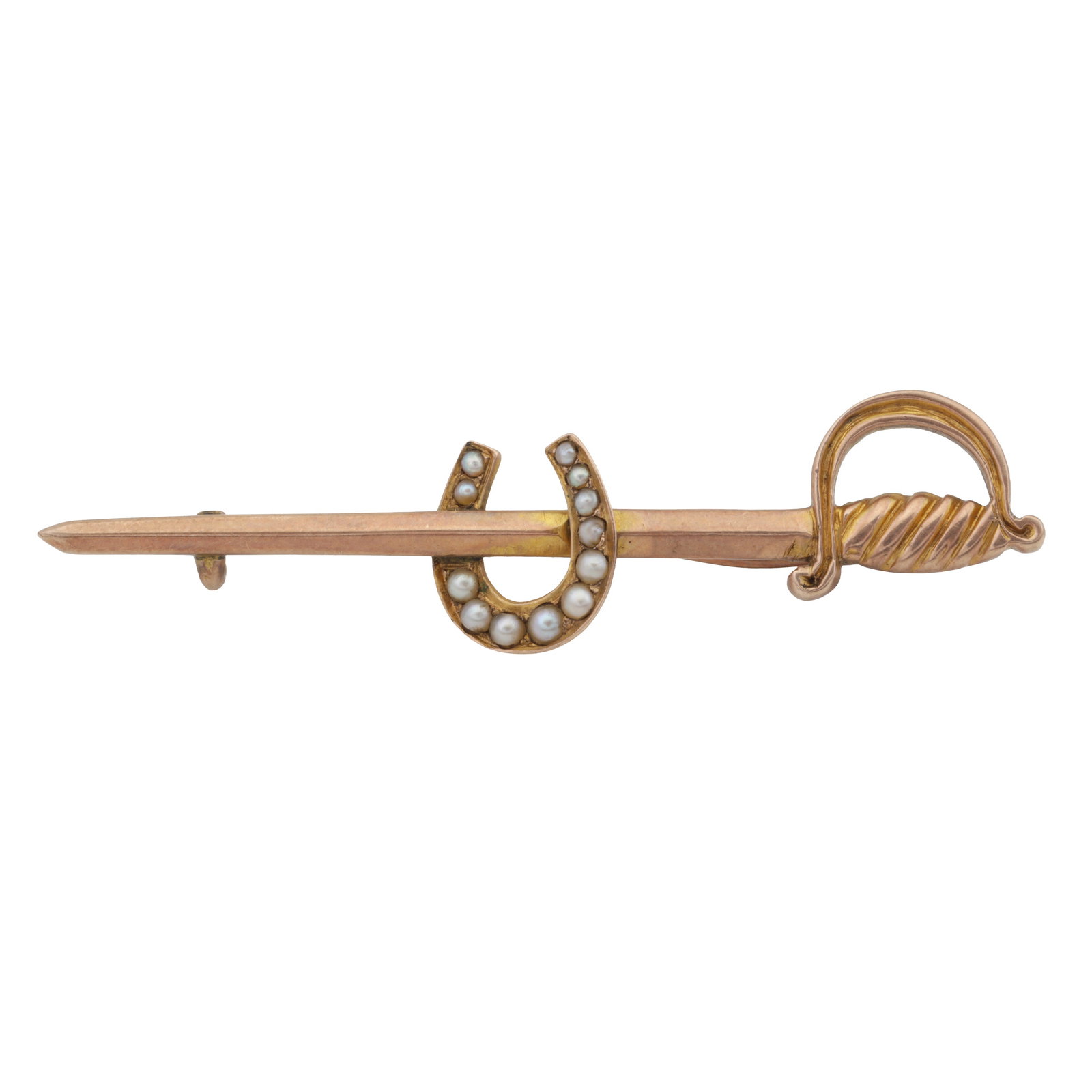 A sword and horseshoe seed pearl brooch Yellow metal: A sword and horseshoe seed pearl brooch Yellow metal The bar brooch design, set with a row of seed pearls, unmarked and untested, length 5.0cm