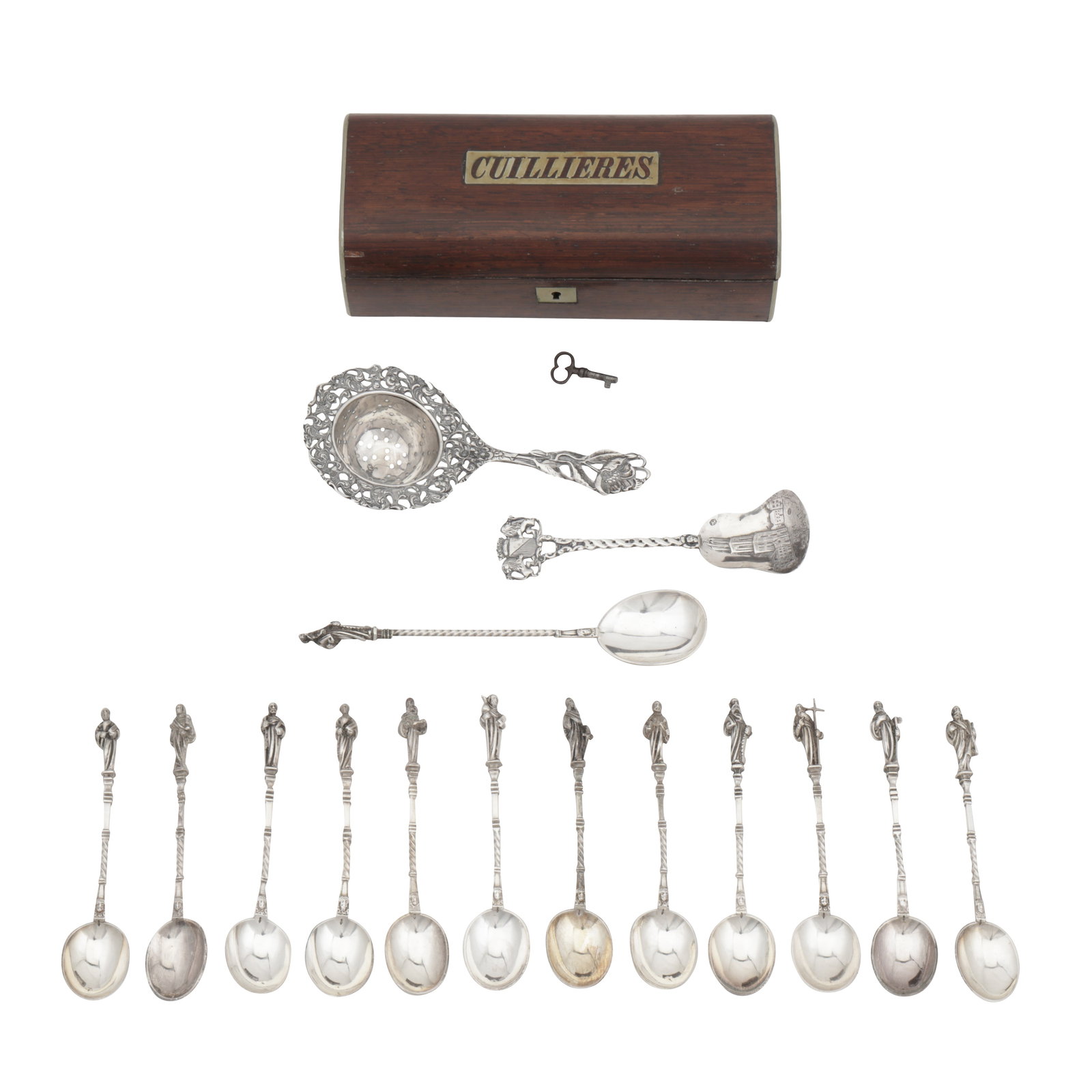 A mixed group of Dutch silver flatware: A mixed group of Dutch silver flatware Apostle spoons, tea strainer and other. (Q) Weight – 244 grams / 7.84 ozt
