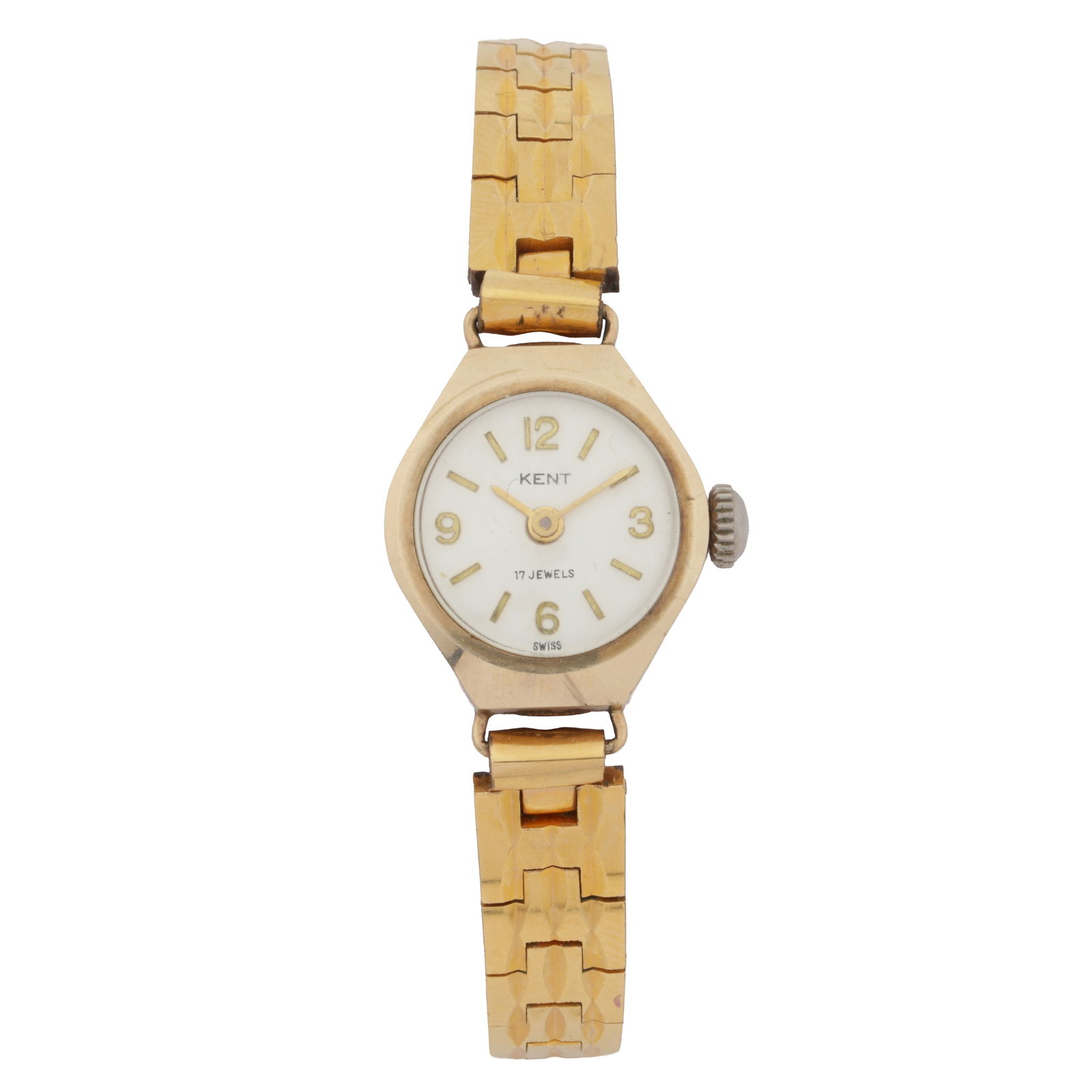 Kent - Bracelet Watch 9k gold (Gold-plated bracelet): Kent - Bracelet Watch 9k gold (Gold-plated bracelet) Date: c.1970Movement: ManualDial: Silvered, applied gilt-metal Arabic numeral and baton hour markersCase: 9k goldBracelet: Later, gold-plated, fol