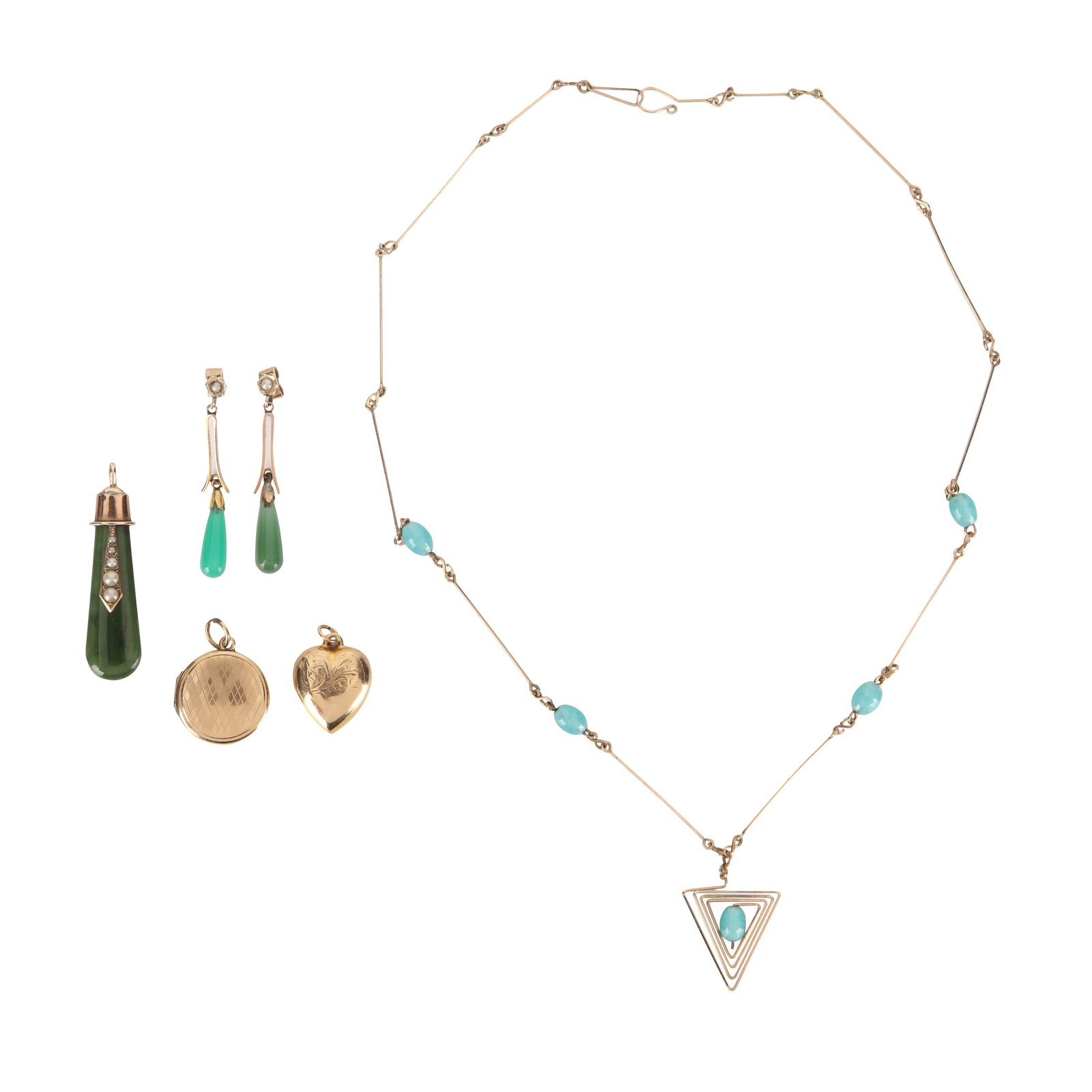A collection of jewellery Yellow and white metal: A collection of jewellery Yellow and white metal Comprising a heart pendant in yellow metal stamped 9ct, length 2.0cm; a nephrite and seed pearl pendant in yellow metal stamped 9ct, length 4.2cm; a