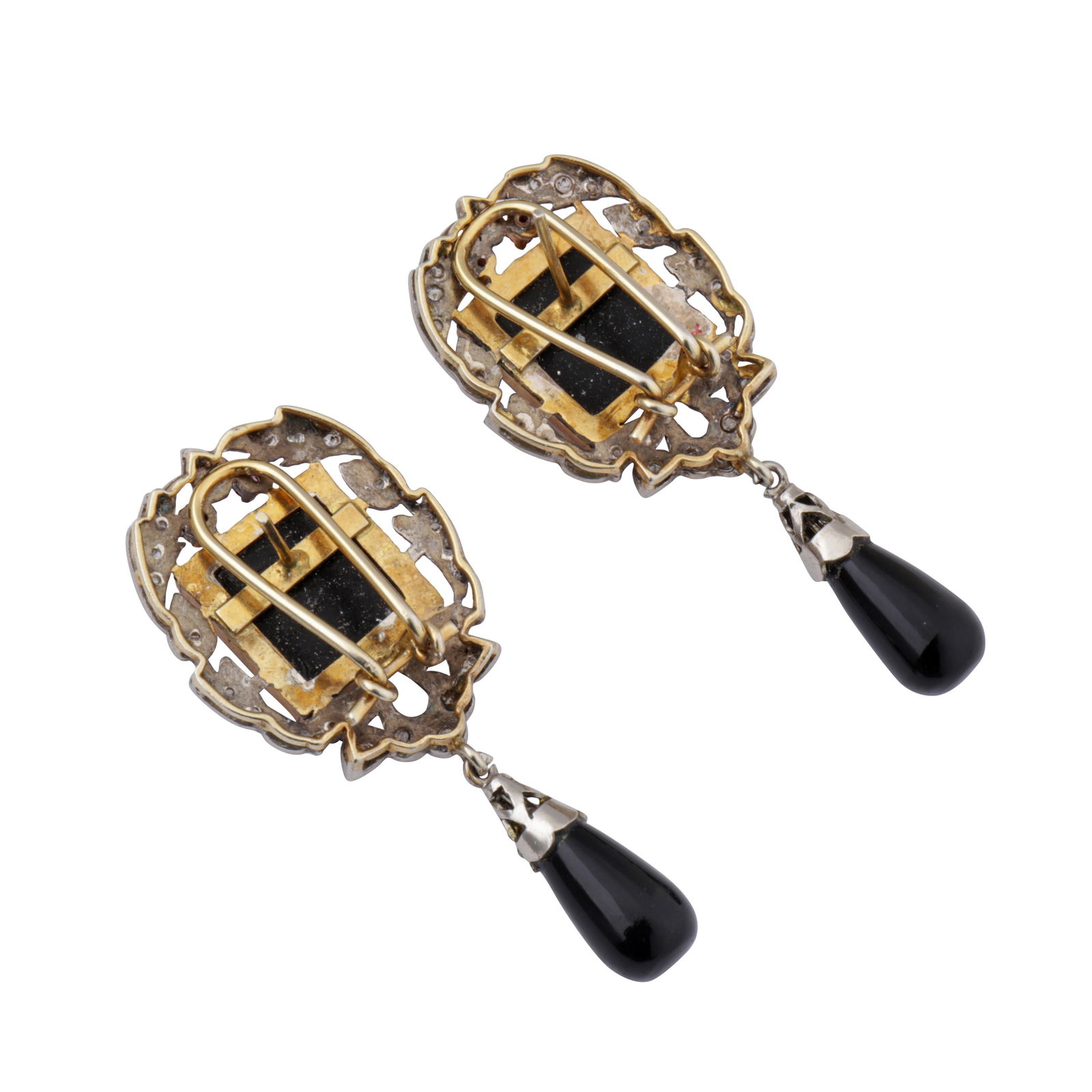 A pair of onyx and diamond pendent earrings Yellow and white metal - 2