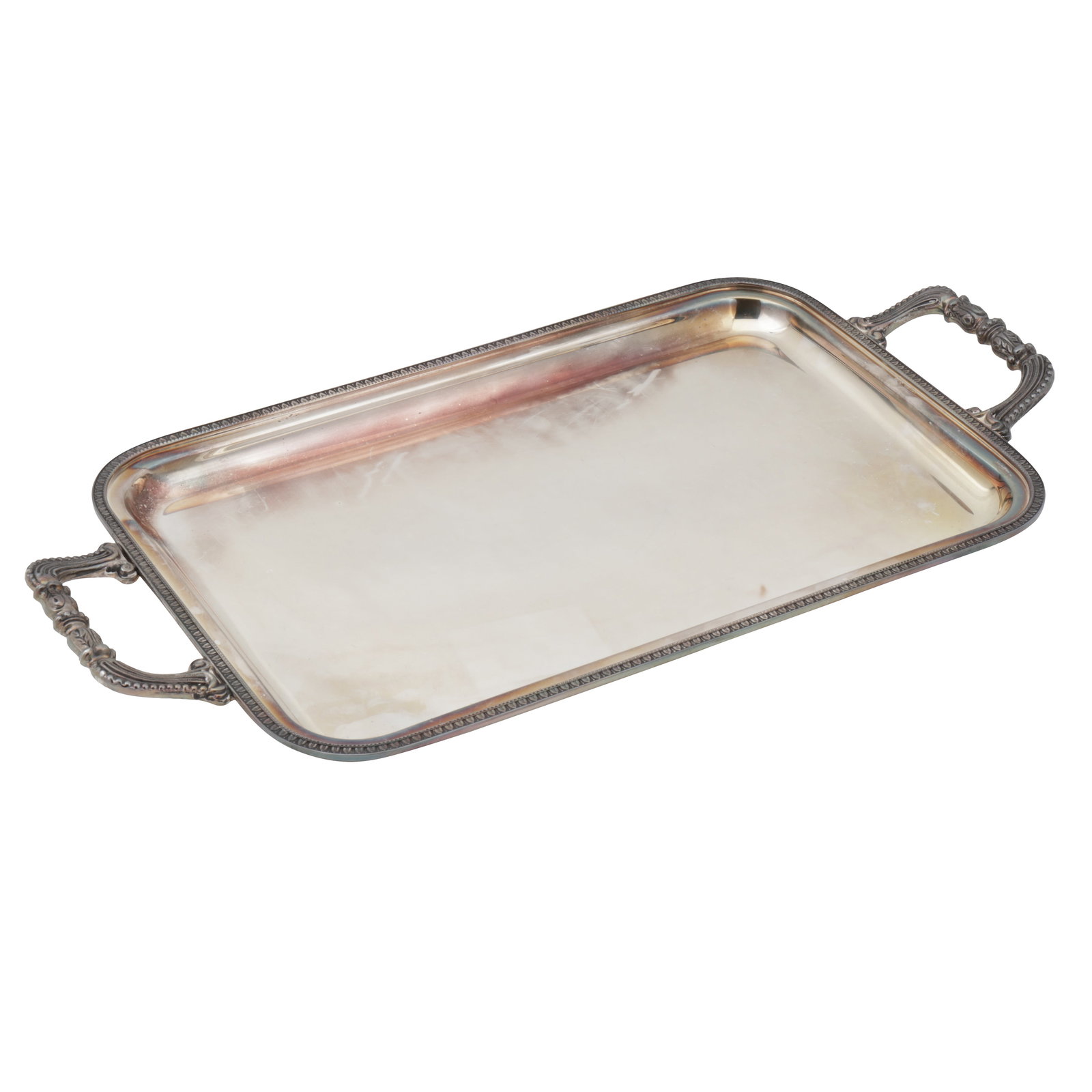 Venice circa 1980 A late 20th century Italian 800 standard silver twin handled tray: Venice circa 1980 A late 20th century Italian 800 standard silver twin handled tray Of rectangular form with palmette rim and twin scroll handles. Length – 41.3 cm / 16.25 inches Weight