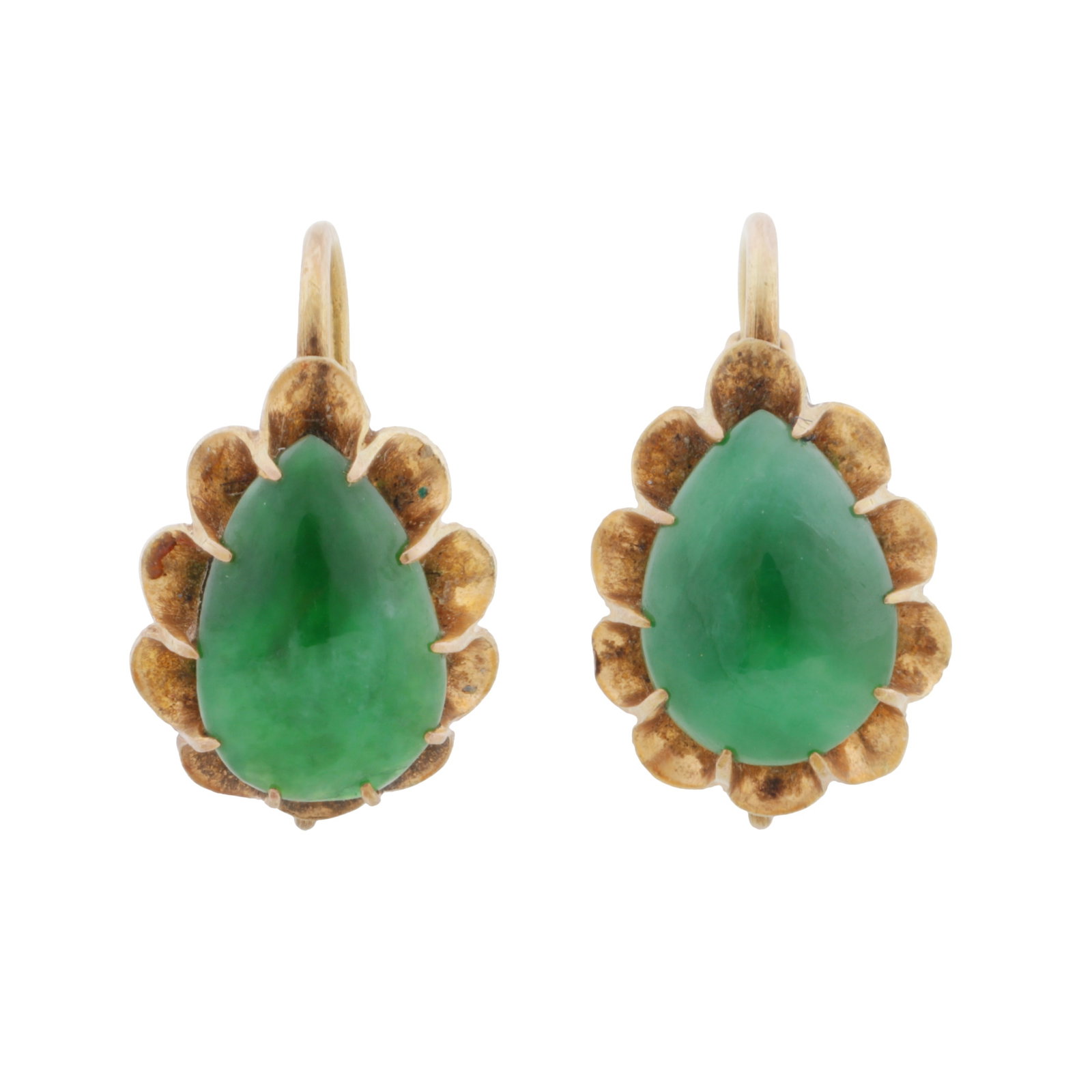 A pair of jadeite earrings Yellow metal: A pair of jadeite earrings Yellow metal Of jacket design, each set with a pear-shaped jadeite cabochon, unmarked, length 1.1cm The item has been XRF tested and found to be 11ct gold.