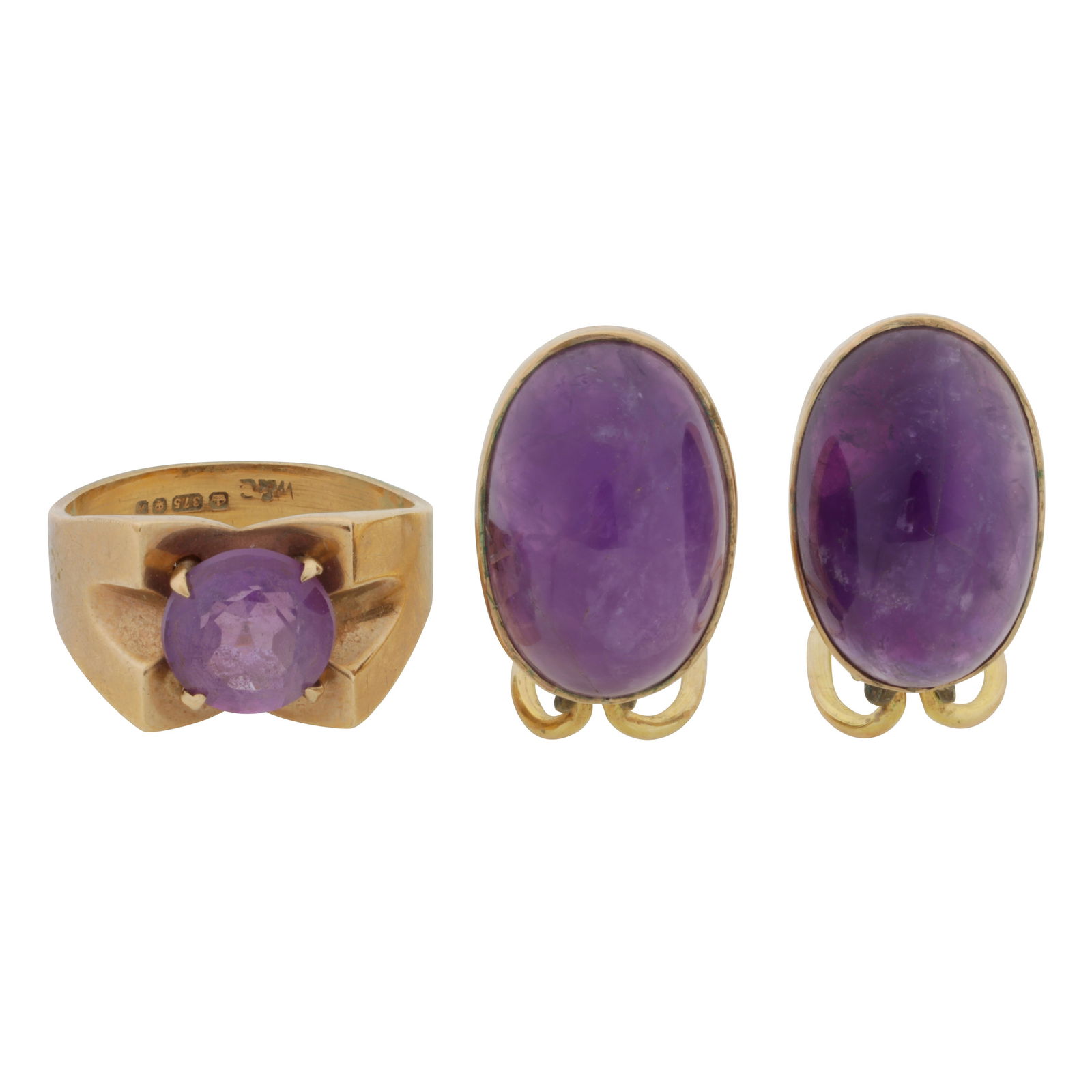 An group of amethyst jewellery Yellow metal: An group of amethyst jewellery Yellow metal Including an amethyst single-stone ring mounted in 9 carat gold, UK hallmark, ring size K½; together with a pair of amethyst clip earrings, stamped