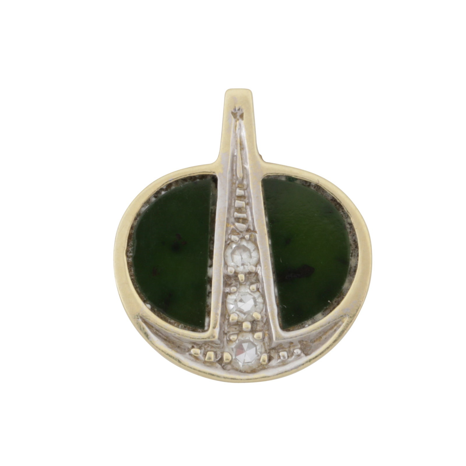 A nephrite and diamond pendant Yellow and white metal: A nephrite and diamond pendant Yellow and white metal Of oval design, set with two nephrite slabs, accented by single-cut diamonds, stamped 585, length 1.6cm
