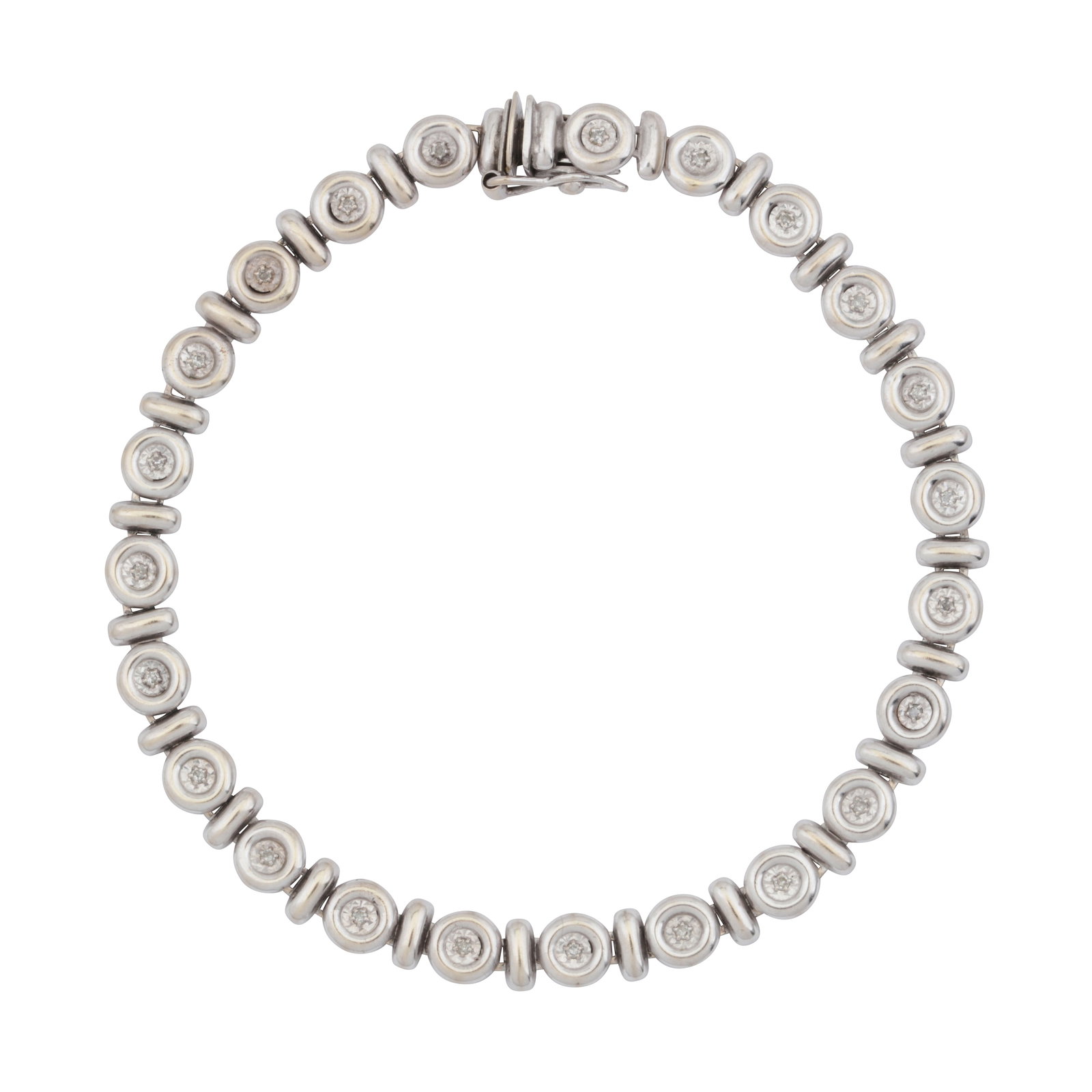 A white sapphire line bracelet White metal: A white sapphire line bracelet White metal Of circular and bar-link design, illusion-set with circular-cut white sapphires, to a concealed box push clasp and safety catch, maker's mark, stamped 375,