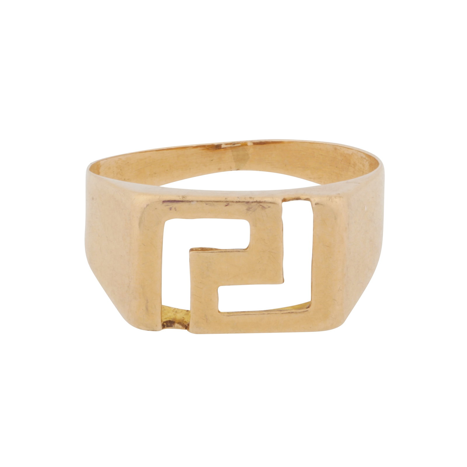 A Greek key ring Yellow metal: A Greek key ring Yellow metal Of pierced design and polish finish with a rectangular-shaped head, stamped K14, size N