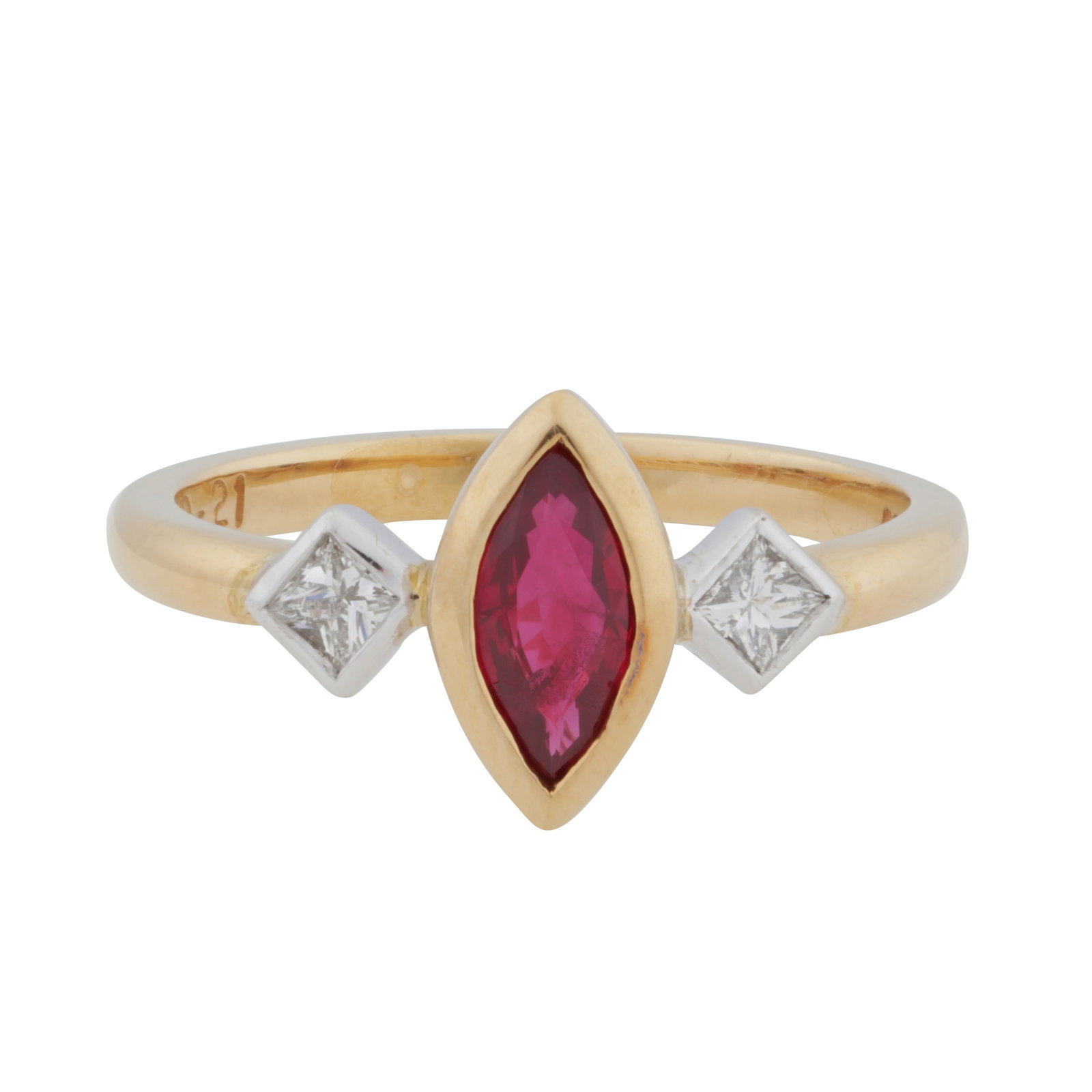 A ruby and diamond three-stone ring 18 carat yellow and white gold: A ruby and diamond three-stone ring 18 carat yellow and white gold Collet-set with a marquise-shaped ruby, between two princess-cut diamonds, UK partial hallmark, ring size P