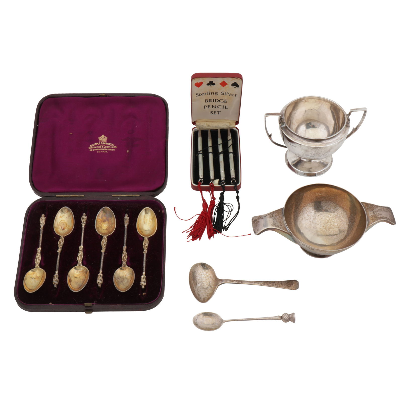 Birmingham 1940 by J B Chatterly and Sons A George VI sterling silver quaich twin handled bowl: Birmingham 1940 by J B Chatterly and Sons A George VI sterling silver quaich twin handled bowl Planished decoration. Together with a twin handled trophy, a cased set of Victorian gilt apostle spoons