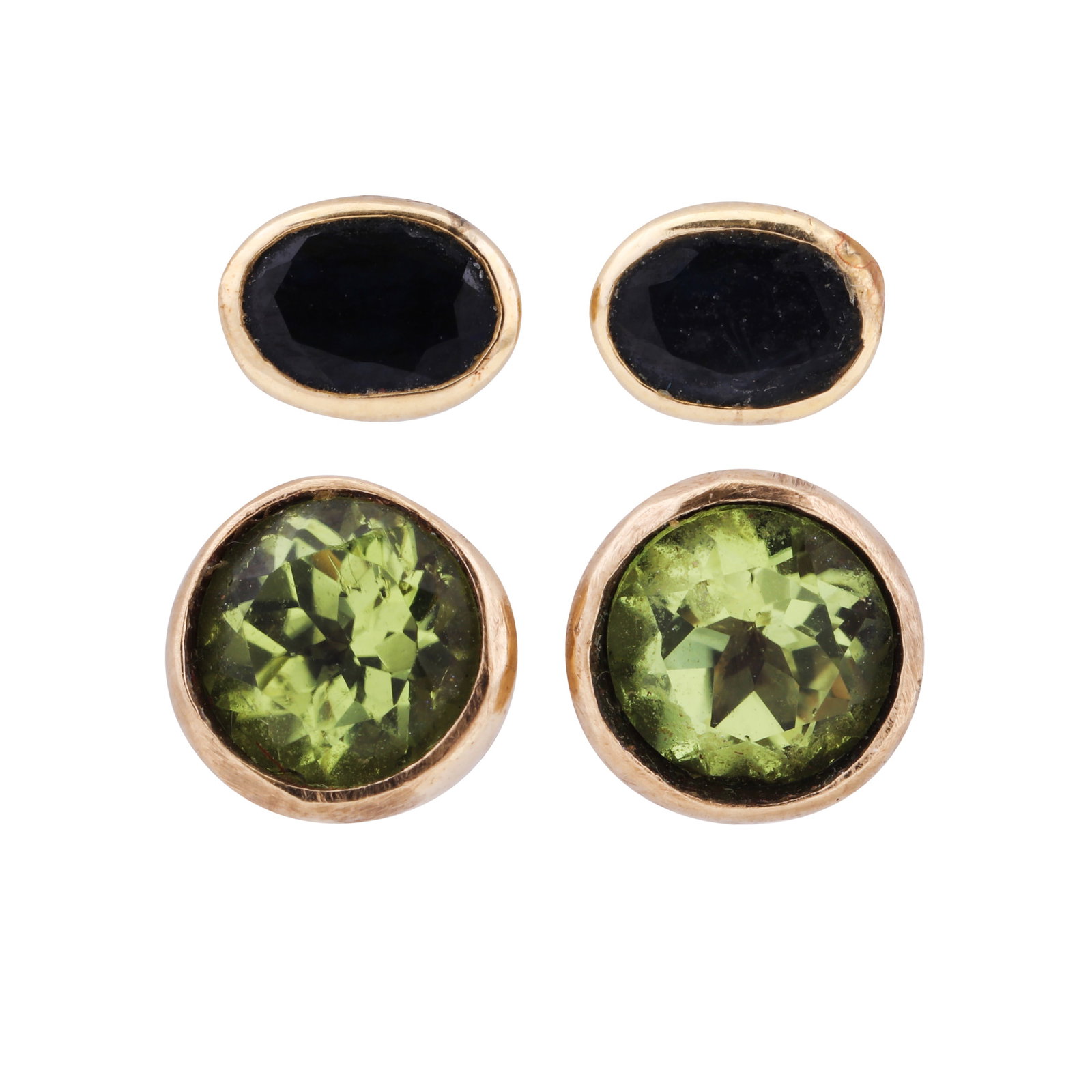 Two pairs of stud earrings Yellow metal: Two pairs of stud earrings Yellow metal One pair collet-set with oval-cut sapphires, post fittings, unmarked, length 0.4cm, weight 0.8grs; the other pair set with circular-cut peridots, butterflies
