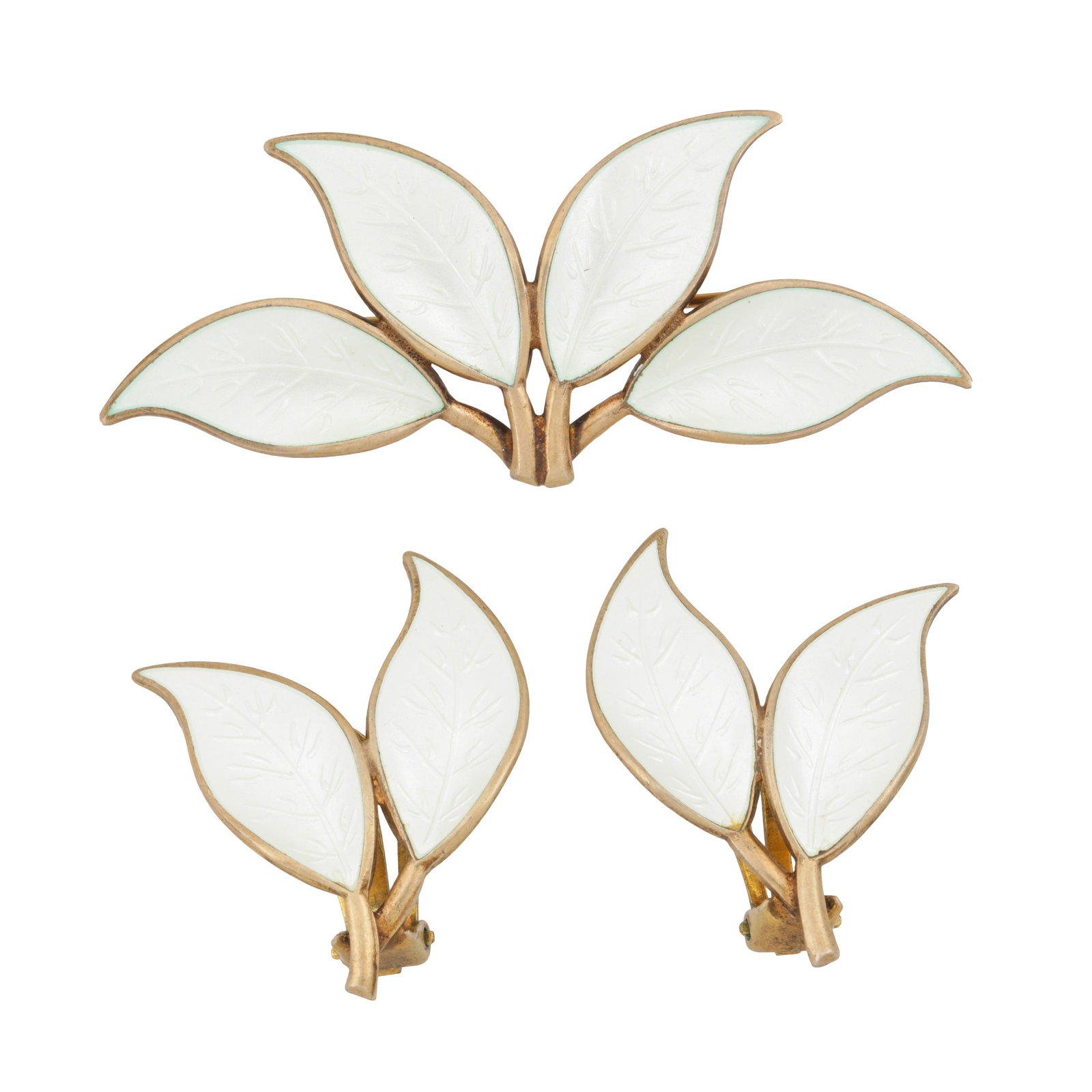 David Anderson | A white enamel brooch and earring suite White metal: David Anderson | A white enamel brooch and earring suite White metal Of leaf design with white enamel decoration, stamped 'DA 925 Sterling Norway', with a similarly designed David Anderson pair of