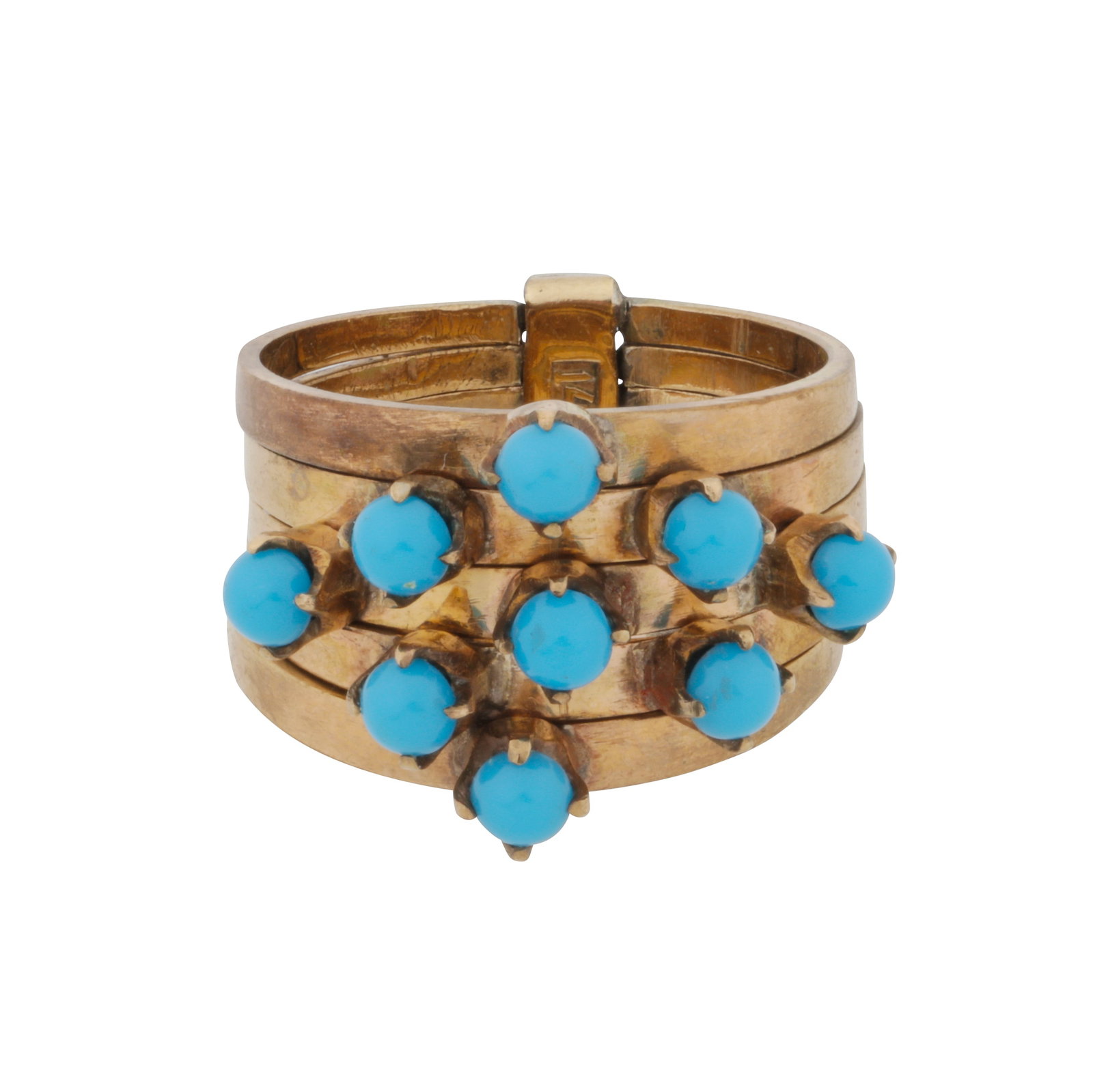 A paste multi band ring Yellow metal: A paste multi band ring Yellow metal Claw-set with circular-cut paste cabochons, to five bands locked together, stamped 14K, size J½