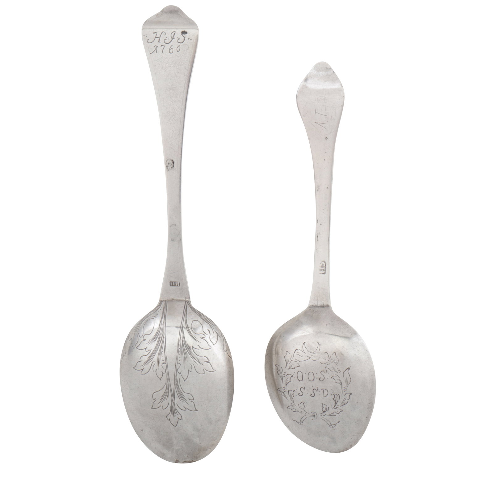 Two 18th century Norwegian silver spoons: Two 18th century Norwegian silver spoons One marked IHI, engraved with initials and date 1760, another example possibly marked IIS, also engraved with various initials. (2) Longest – 19.4 cm