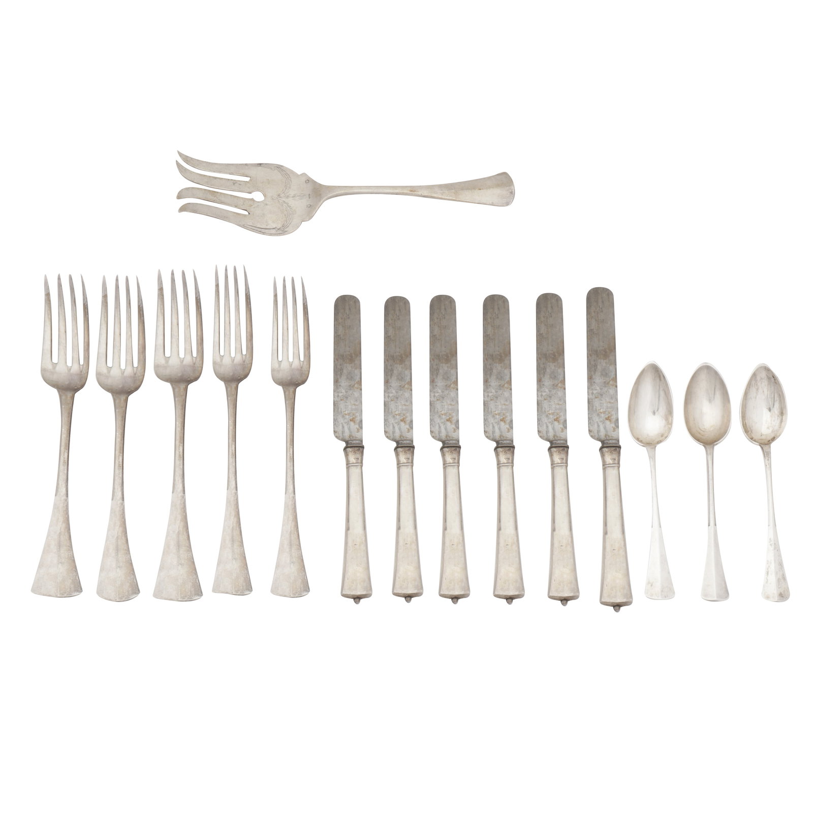 Hungarian circa 1940 A mid-20th century 800 standard silver part- canteen: Hungarian circa 1940 A mid-20th century 800 standard silver part- canteen Various elements and knives. (Q) Weight – 575 grams / 18.49 ozt Notes:582 grams