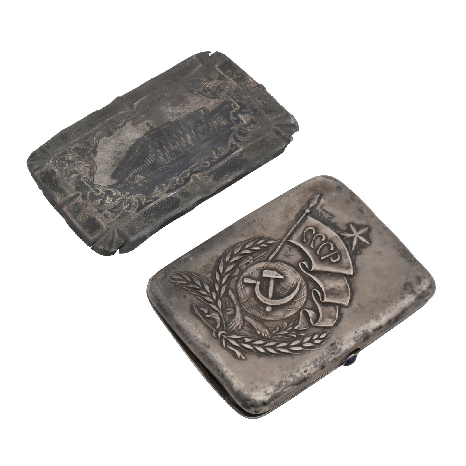 Moscow circa 1929 An early 20th century Russian 875 standard silver cigarette case: Moscow circa 1929 An early 20th century Russian 875 standard silver cigarette case Of rectangular form with rounded corners, push button release (damaged) with a collet set paste cabochon,