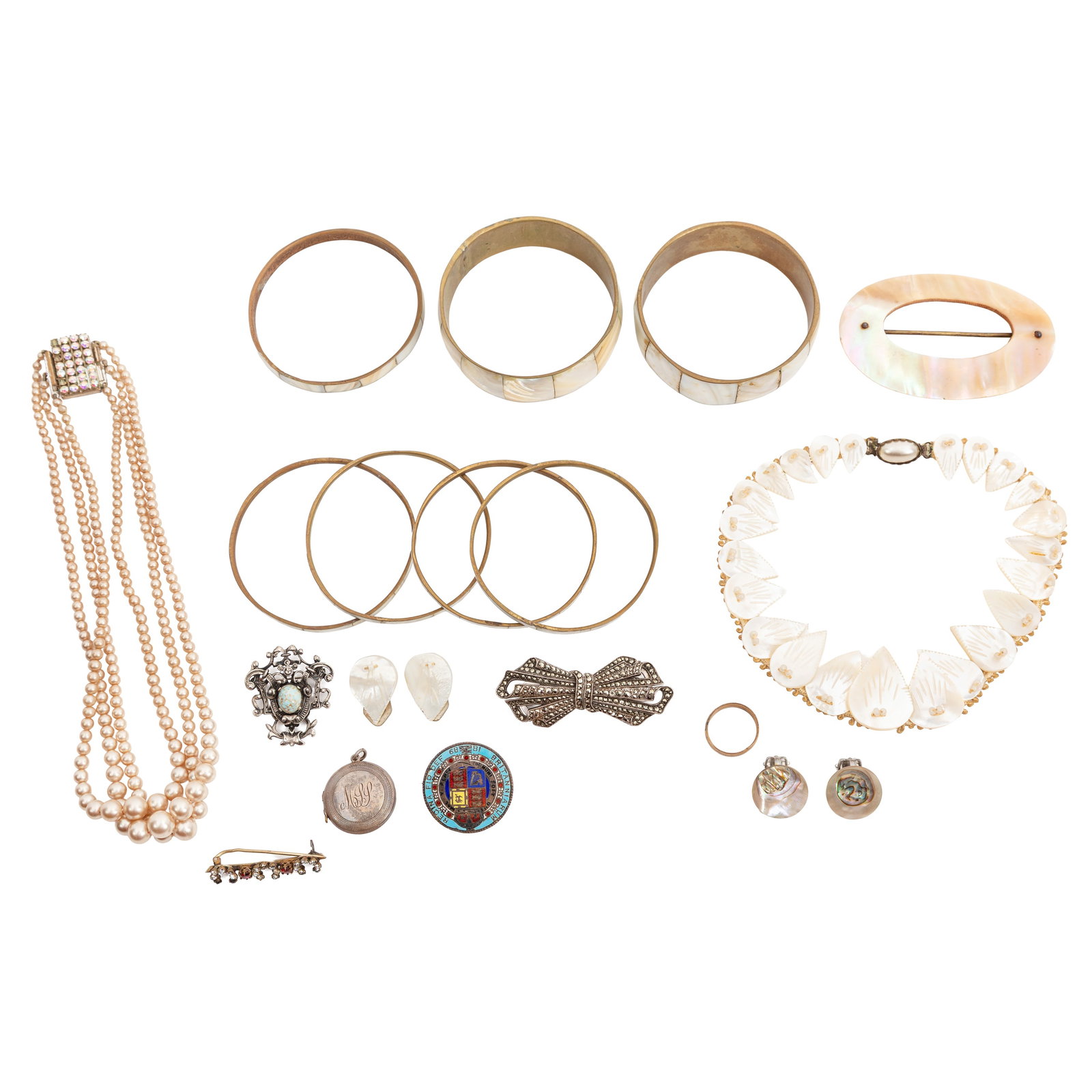 A collection of silver and costume jewellery Yellow and white metal: A collection of silver and costume jewellery Yellow and white metal To include mother-of-pearl items such as bangles, a brooch, a necklace, and two pairs of earrings, together with other brooches,