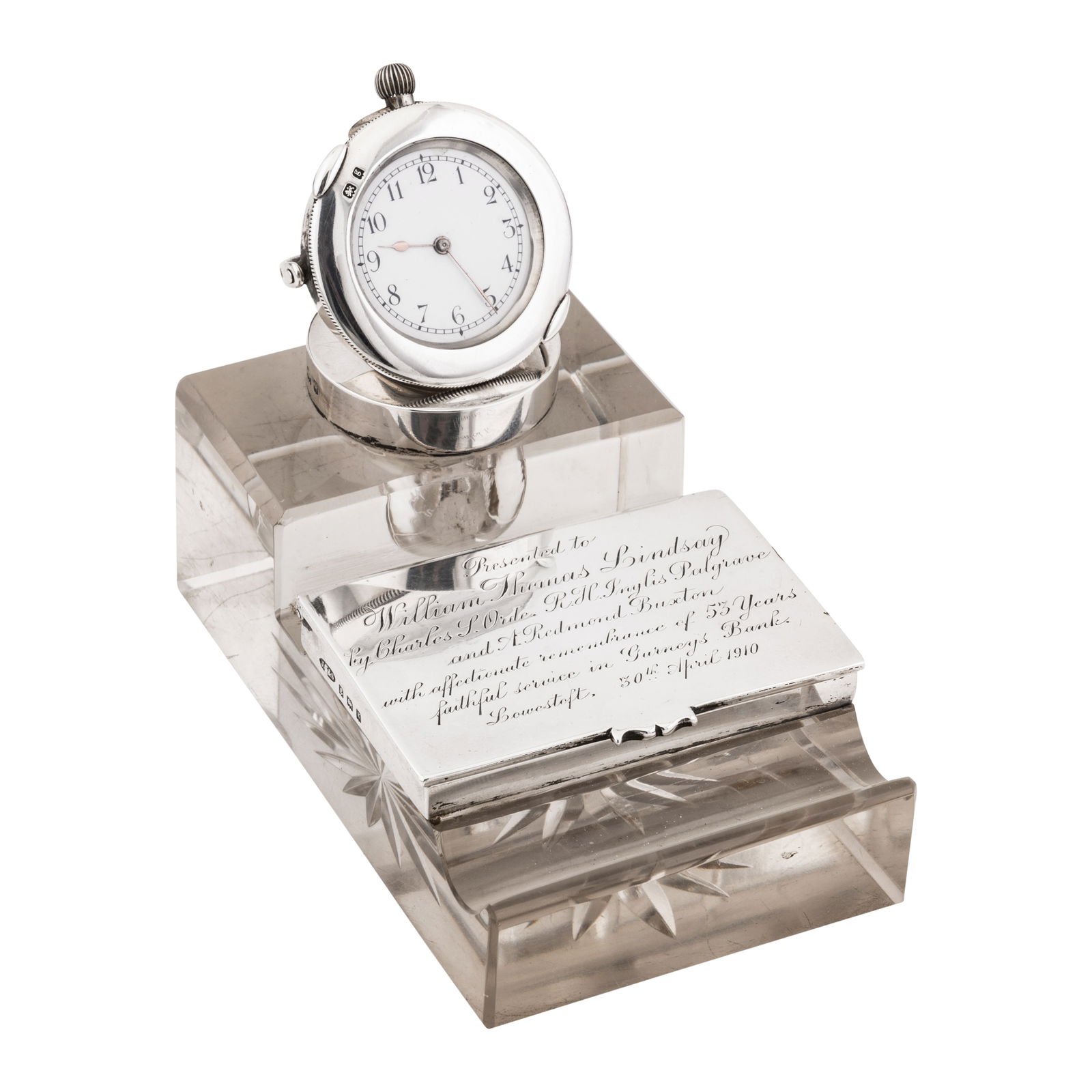 An Edwardian sterling silver mounted glass combination inkwell, desk time piece and stamp box, Birmi - 2