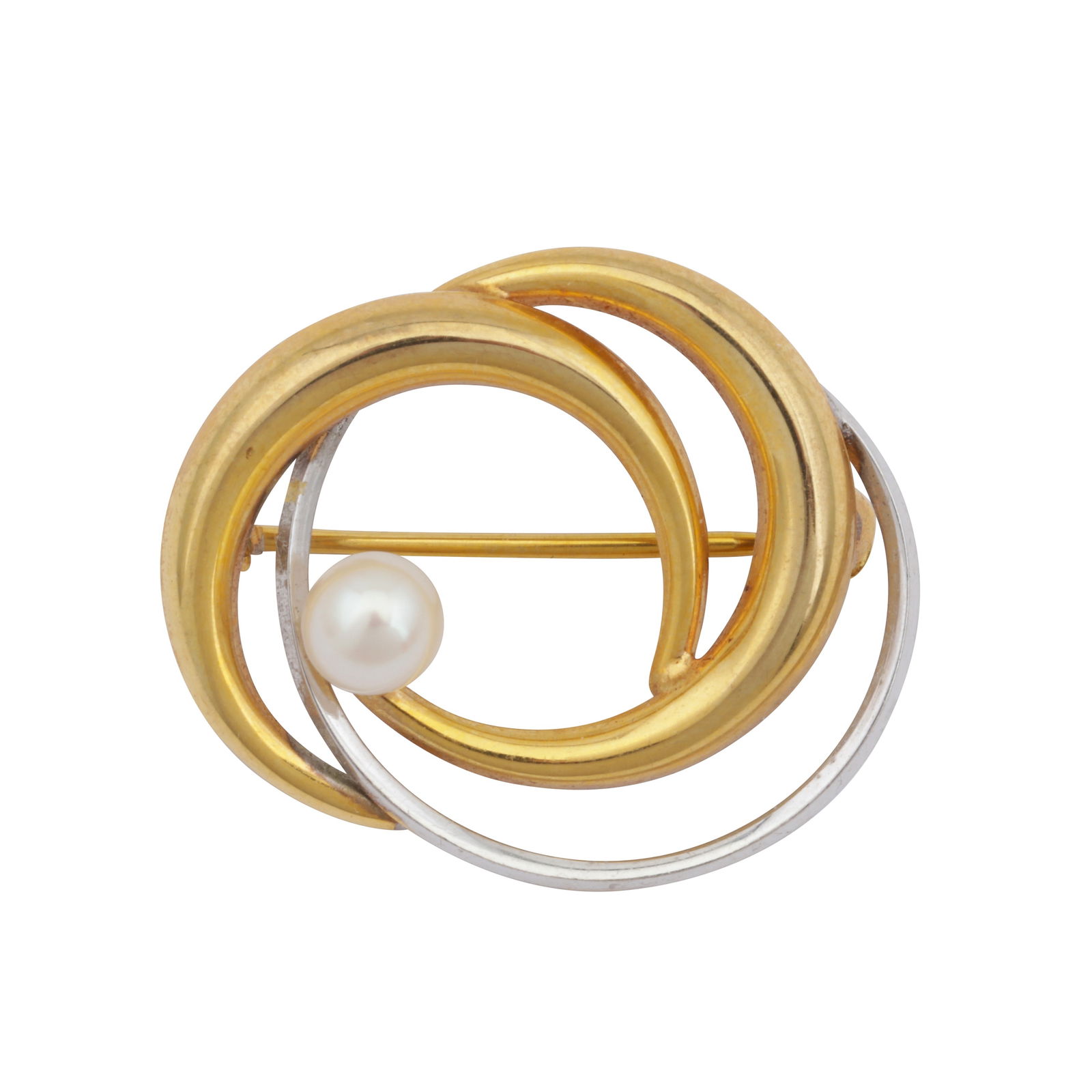 A pearl brooch Yellow and white metal: A pearl brooch Yellow and white metal The 4.8mm cultured pearl, to a bi-colour mount, stamped '9ct', length 2.6cm