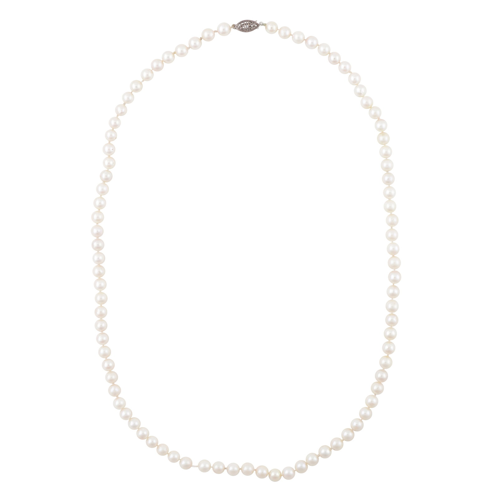 A single strand pearl necklace White metal: A single strand pearl necklace White metal Set with 5.9-6.4mm round and near-round pearls of white tint with medium to high lustre, to a piercex box clasp of lozenge design, pearls untested, metal un