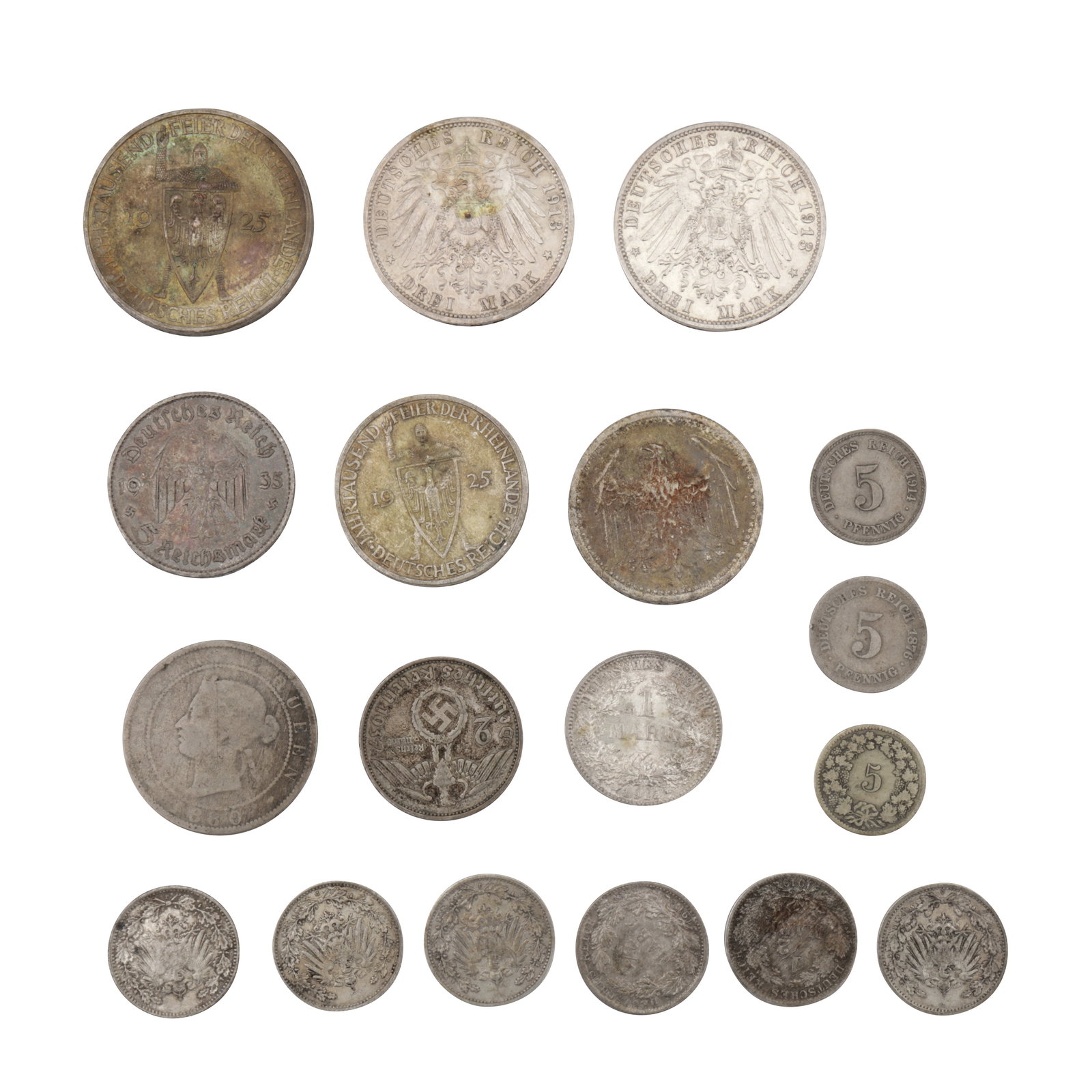 A group of predominately German silver coins: A group of predominately German silver coins Of various purity, to include 50% silver (500) and 90% silver (900), to include a x2 1913 Drei Marks (90% silver), 1925 5 Reich Marks (50% silver), 1924