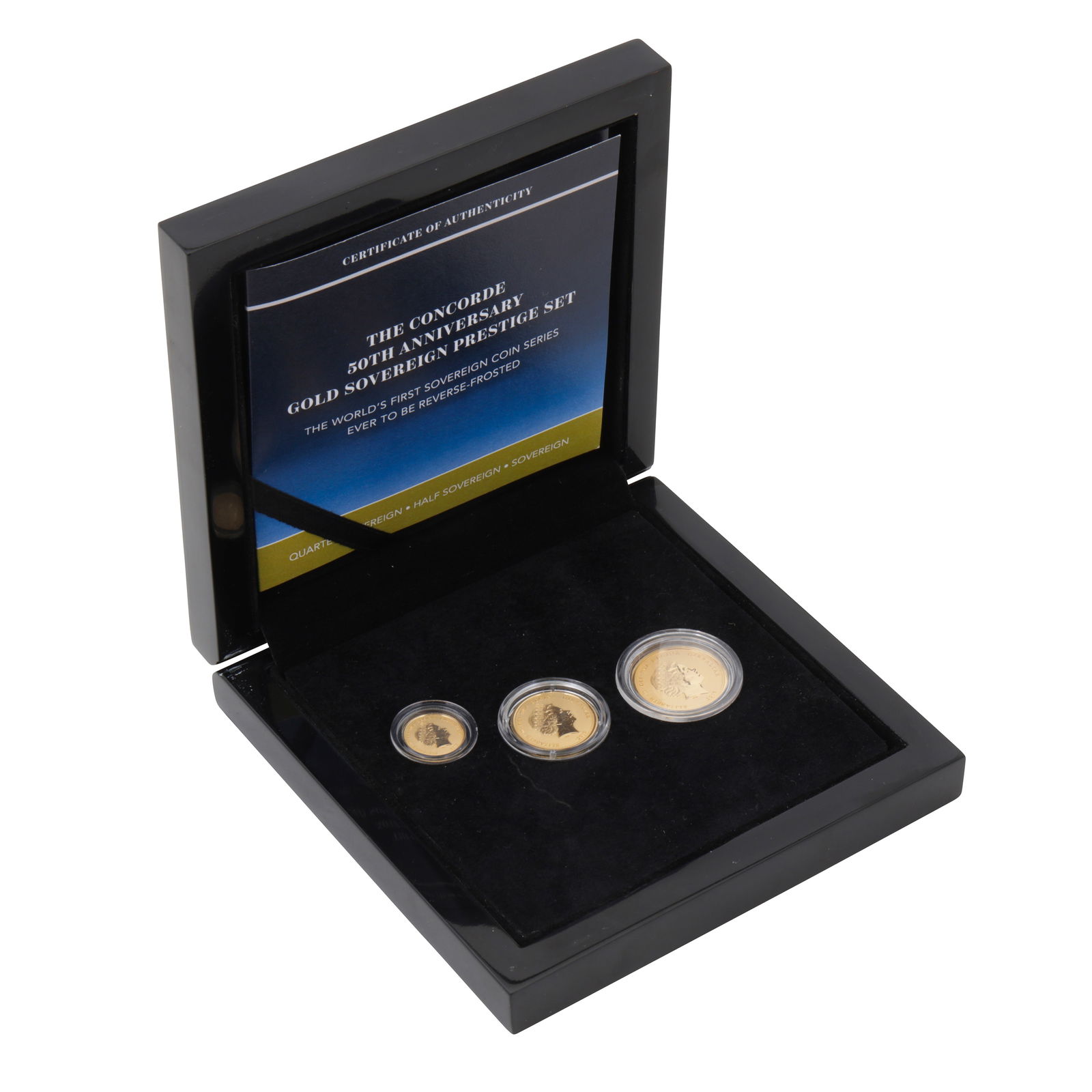 GB gold coin proof set - three coin 22ct Hatton's Concorde 50 Anniversary Sovereign set: GB gold coin proof set - three coin 22ct Hatton's Concorde 50 Anniversary Sovereign set Each within a proof capsul with box and certificate. Monarch: Elizabeth II, dated 2019 Set comprises of a