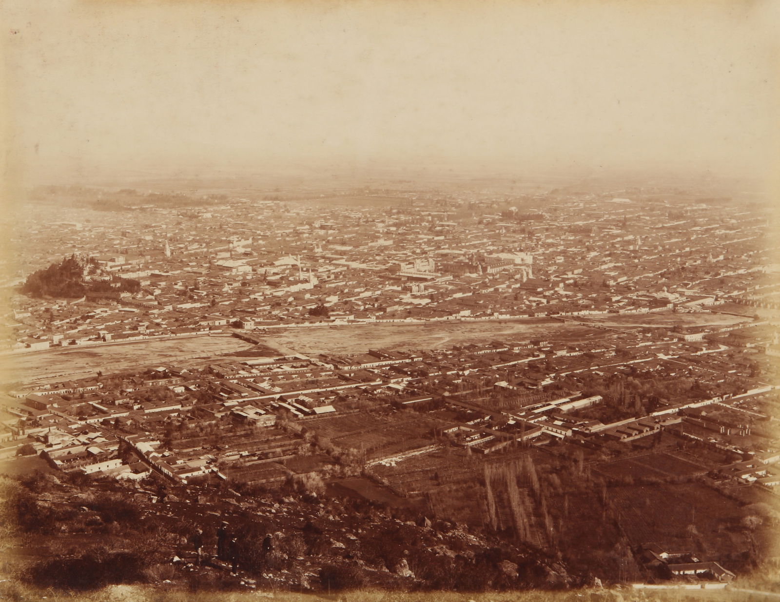 Unknown Photographer (XIX) Santiago de Chile, c.1890s: A group of three albumen prints, image sizes 18 x 25cm, depicting panoramic views of Santiago de Chile and the Santa Lucía Hill, whose name was given by Pedro de Valdivia, conqueror of the hill on 13