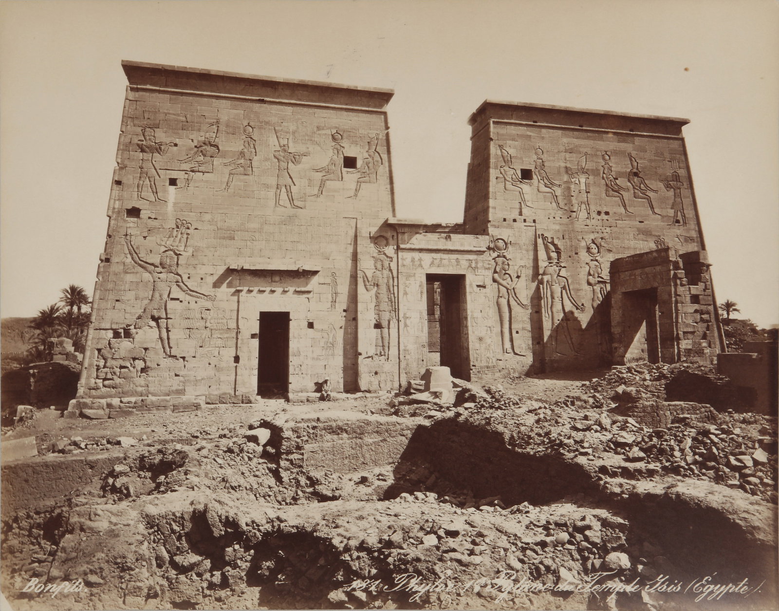 Félix Bonfils (1831-1885), Antonio Beato (1825-1906), and others Ancient Monuments, c.1860s-1880s: A selection of nine (9) albumen prints, image sizes 21 x 263.cm (smallest) to 28 x 22.5cm (largest), each mounted to grey board, overall measuring 35.5 x 46cm (or the reverse); featuring images of Anc