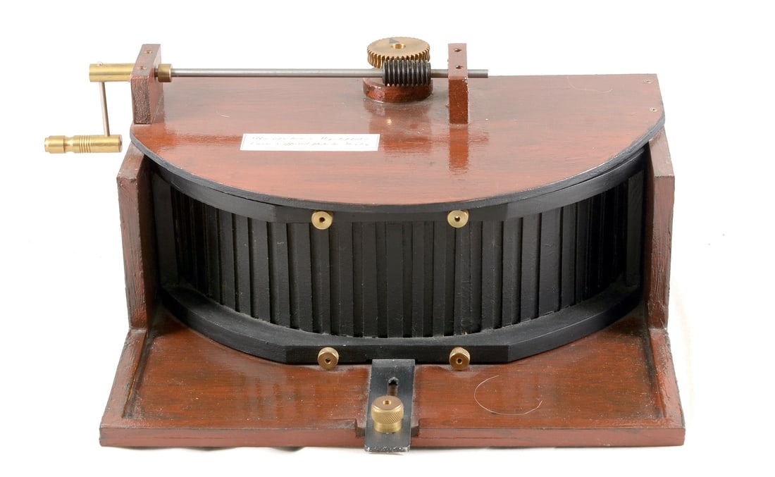 Model of Friedrich von Martens' Megaskop-Kamerathe. The world's first panoramic camera, circa 1843.: Designed for curved Daguerreotype plates! An impressive, life-size, museum quality replica. Non-functioning but with the rear section removable (as in the original) to show the internal design. Hand b