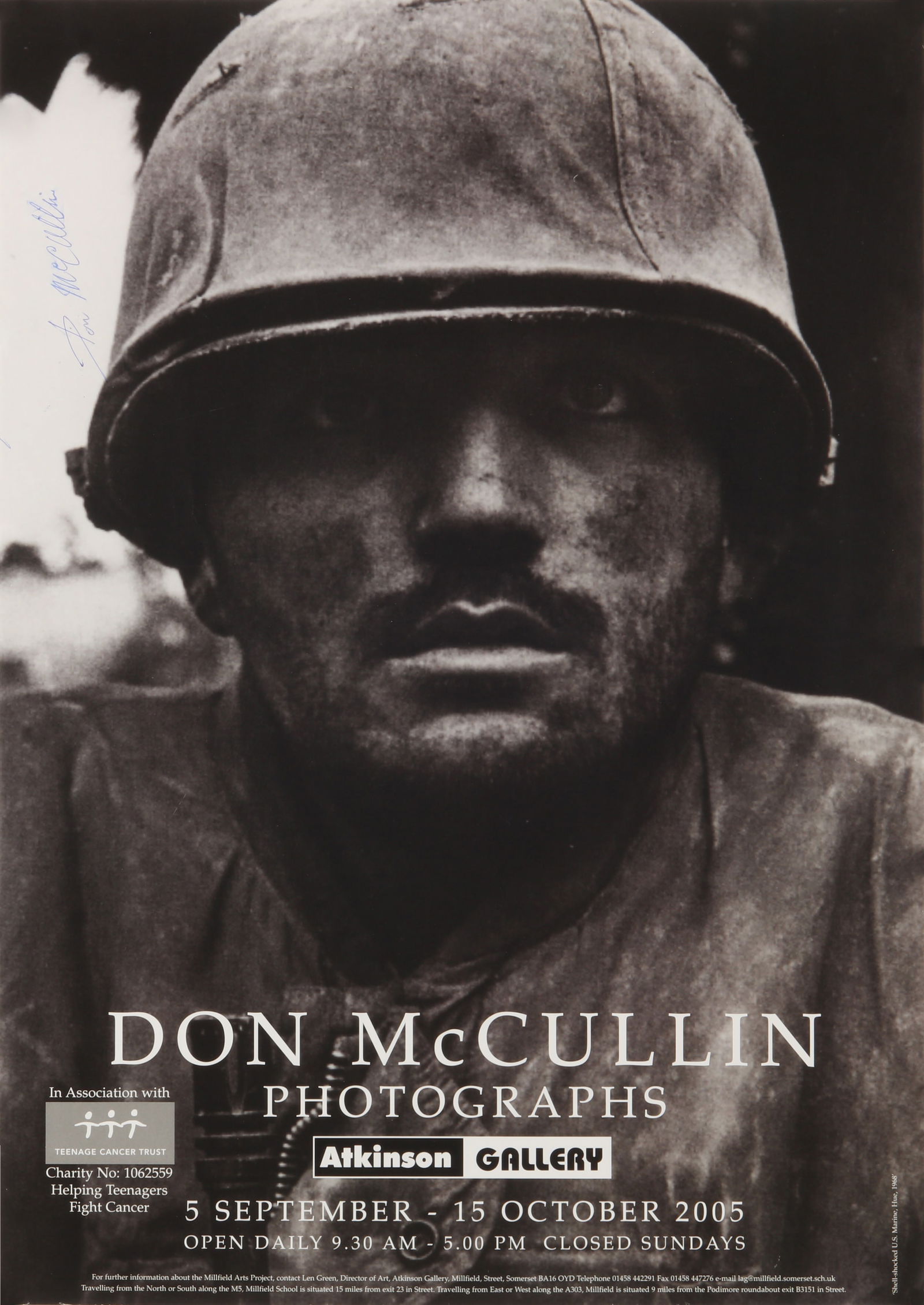 Don McCullin b.1935 Signed Exhibition Poster: SHELL SHOCKED MARINE, HUE, 1968, Atkinson Gallery Exhibition 2005, 59 x 42cm signed by the photographer in ballpoint pen upper left margin Qty: (1)
