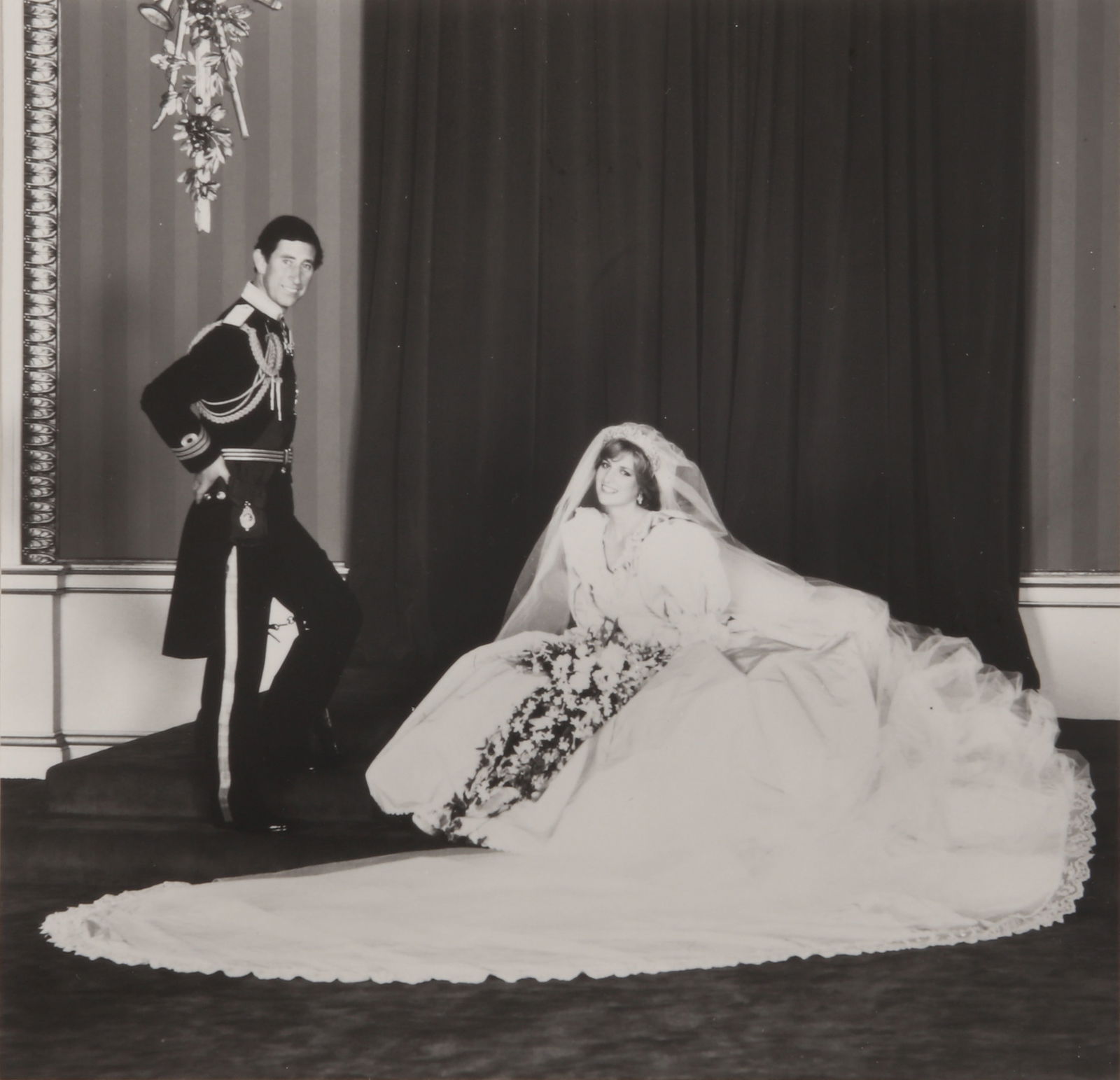§ Patrick Lichfield (1939-2005) Wedding Photograph, HRH Prince Charles & Lady Diana Spencer, 29: Silver gelatin print, printed later, pasted down to board, image size 15 x 15.5cm, board size 25 x 30.5cm, signed by the photographer in felt-tip pen lower margin recto, with the photographer's Aubrey