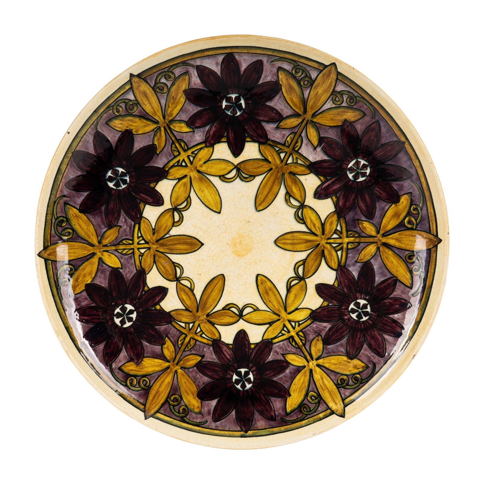 Jean Tancrède Parentani for S.A. La Majolique, Belgium (or La Majolique d'Emptinne) Scarce Art: 1900 Painted and glazed earthenware Impressed stamp 'LA MAJOLIQUE MARQUE DEPOSEE STE ANE', painted '3-1-1900', '310 B' and monogram 'JTB' 34cm diameter Notes: S.A. La Majolique only ran for six years.