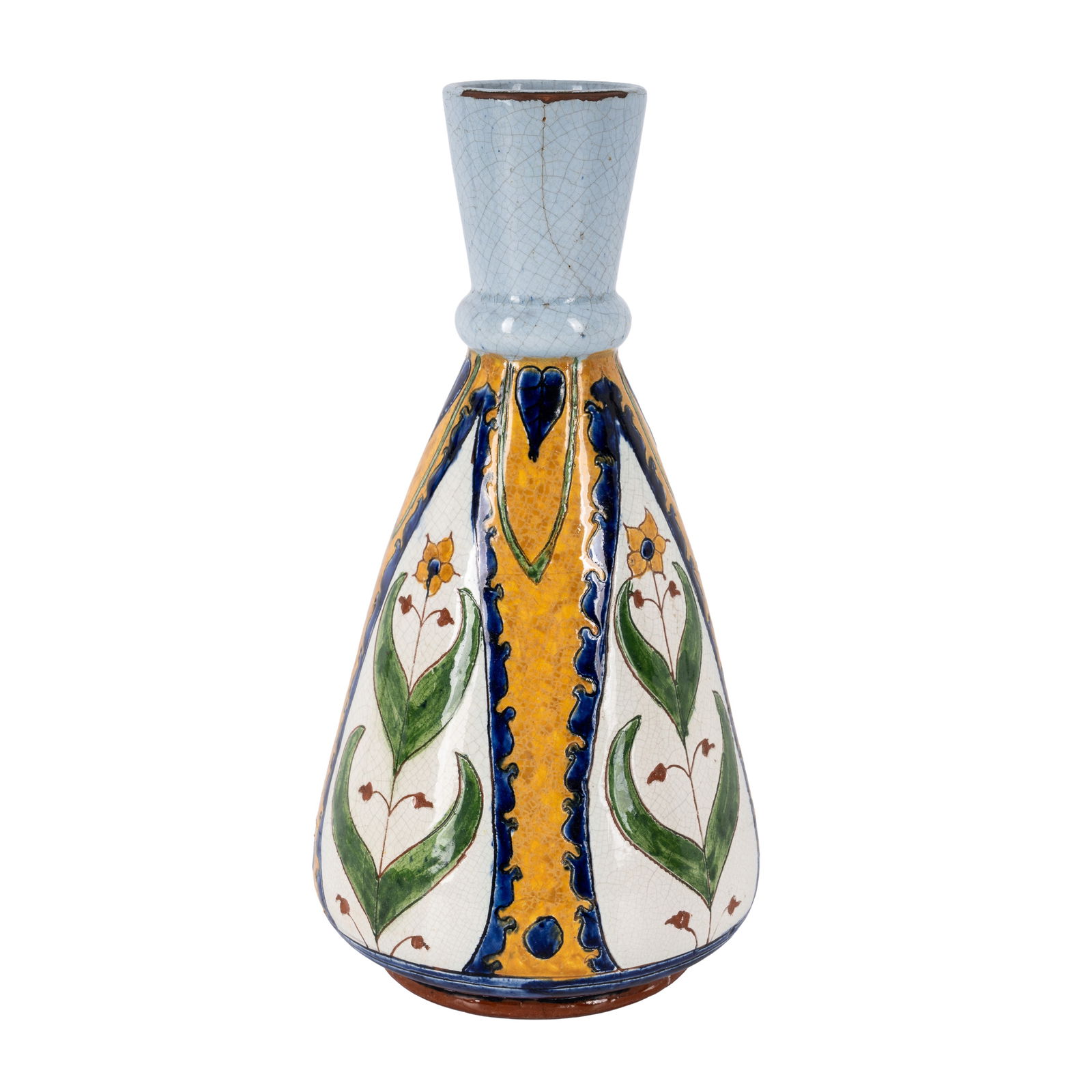 Carlo Manzoni (Italian 1855-1910) for Della Robbia Bottle vase with stylised flower decoration: Circa 1890 Painted and glazed earthenware Underside incised 'Hand drawn and painted...' and various other marks 24cm high