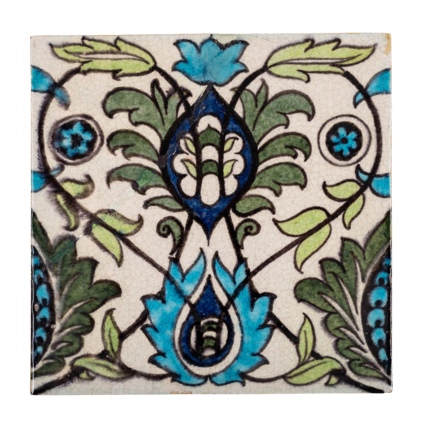 William de Morgan (British 1839-1917) Iznik patterned tile: Circa 1890 Painted and glazed earthenware Impressed Sands End mark verso 15.4cm square