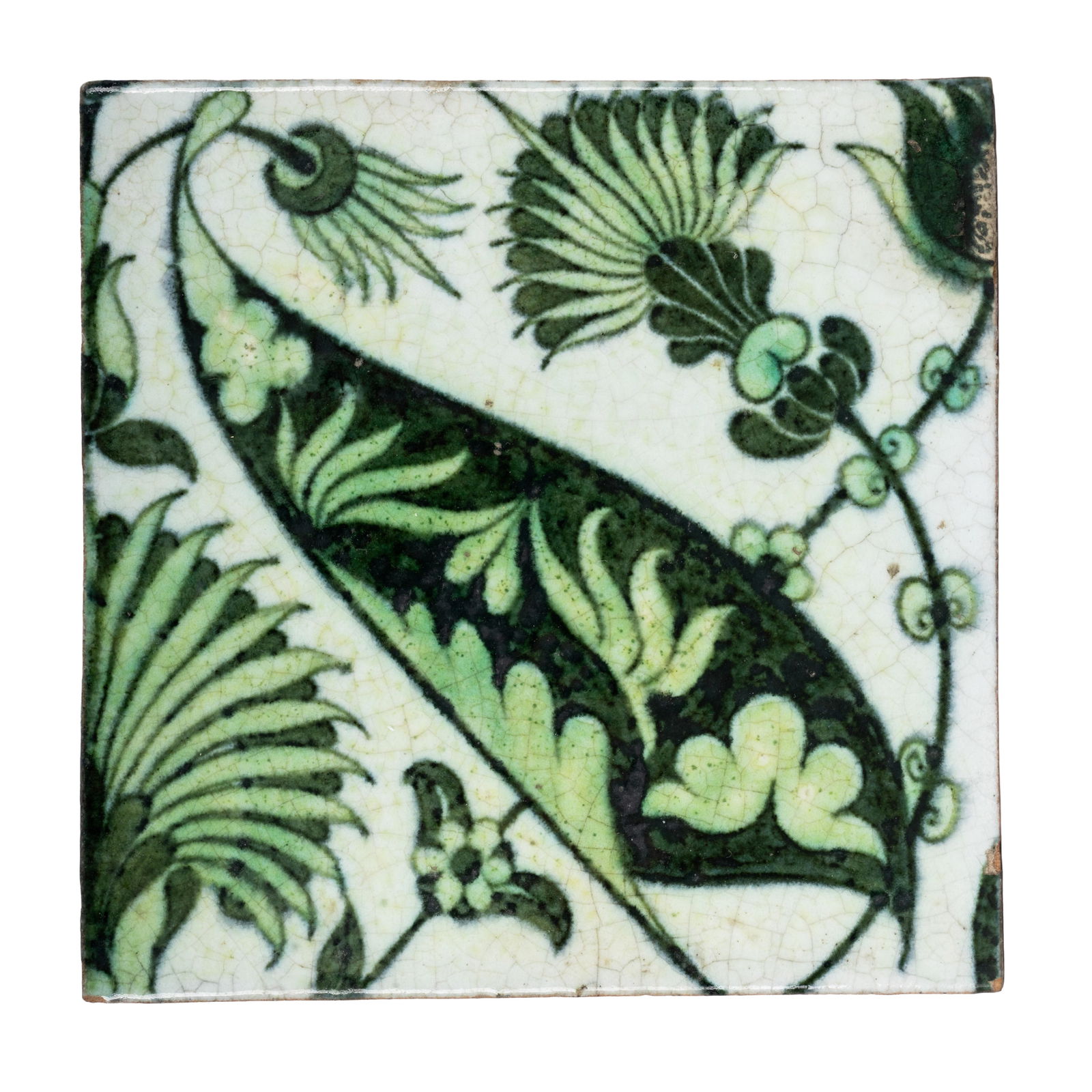 William de Morgan (British 1839-1917) Tile with green saz leaf Iznik decoration: 1898 Painted and glazed earthenware Impressed 'DM 98' mark verso 15.3cm square