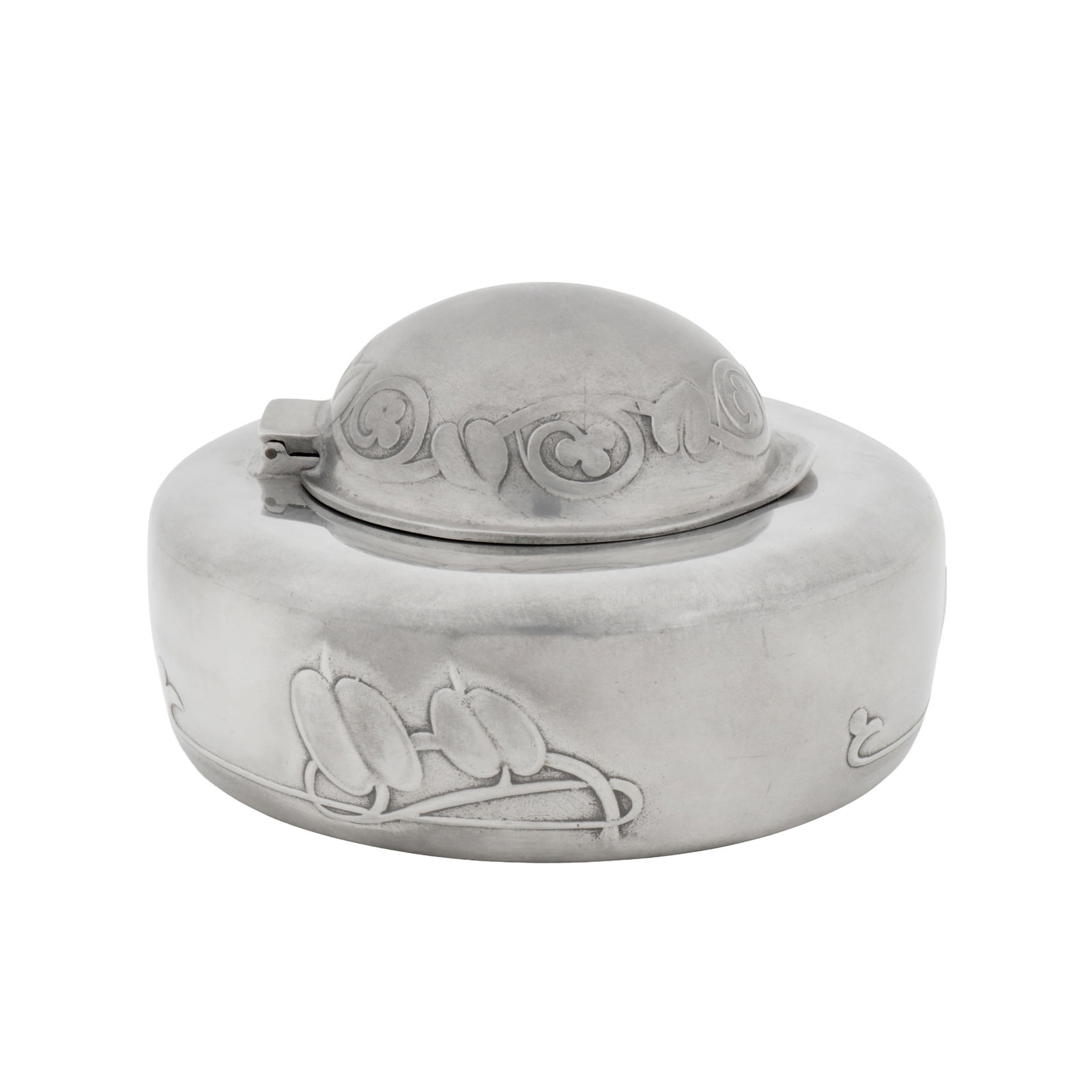 Archibald Knox (British 1864-1933) for Liberty and Co, British 'Tudric' inkwell model no. 0162: Circa 1905 Pewter Underside with impressed stamp 'ENGLISH PEWTER', 'MADE IN ENGLAND', '3' and model number 12cm diameter, 7cm high
