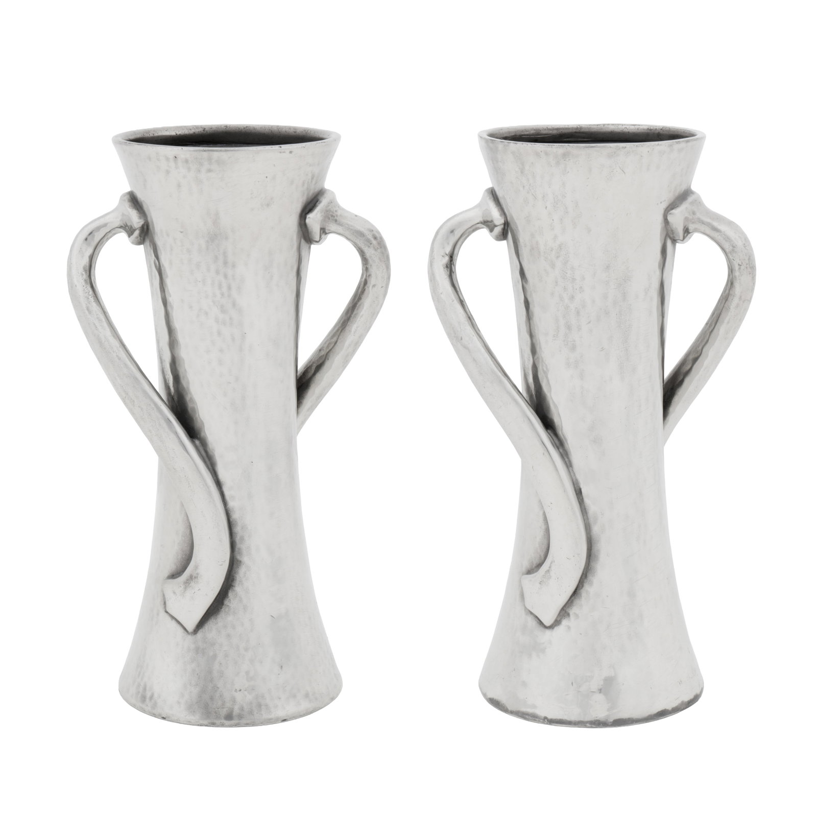 Oliver Baker (British 1856-1939) for Liberty and Co. Two 'Tudric' twin-handed vases, model no. 030: Circa 1910 Pewter Underside stamped 'TUDRIC', 'MADE IN ENGLAND', model number and the Solkets mark 18cm high (2)