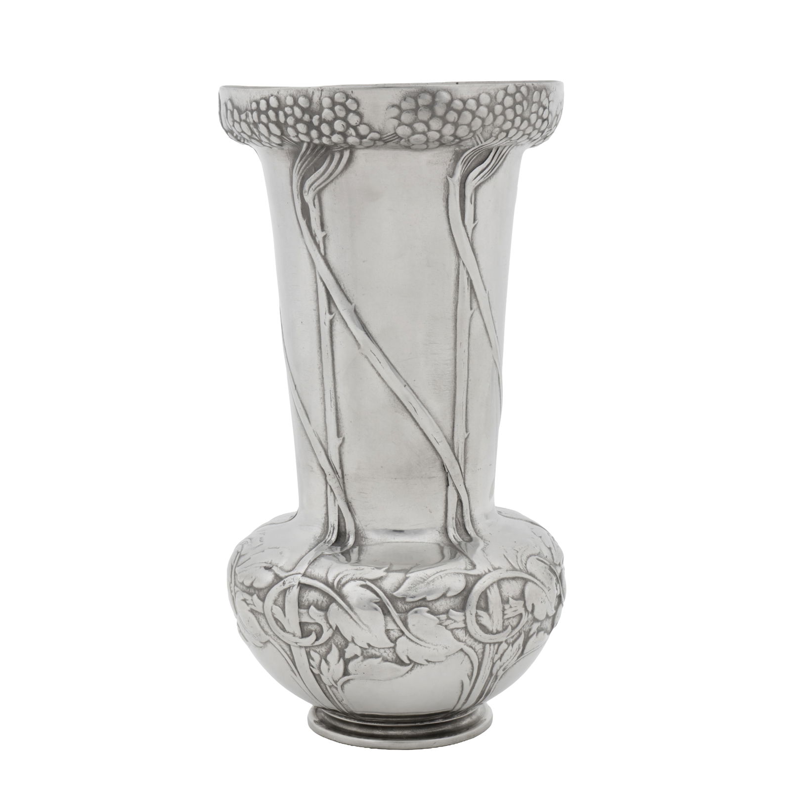 David Veazey for Liberty and Co, British 'Tudric' 'Tree of Life' vase: Circa 1905 Pewter Underside stamped '4', 'TUDRIC', and model number 20.5cm high