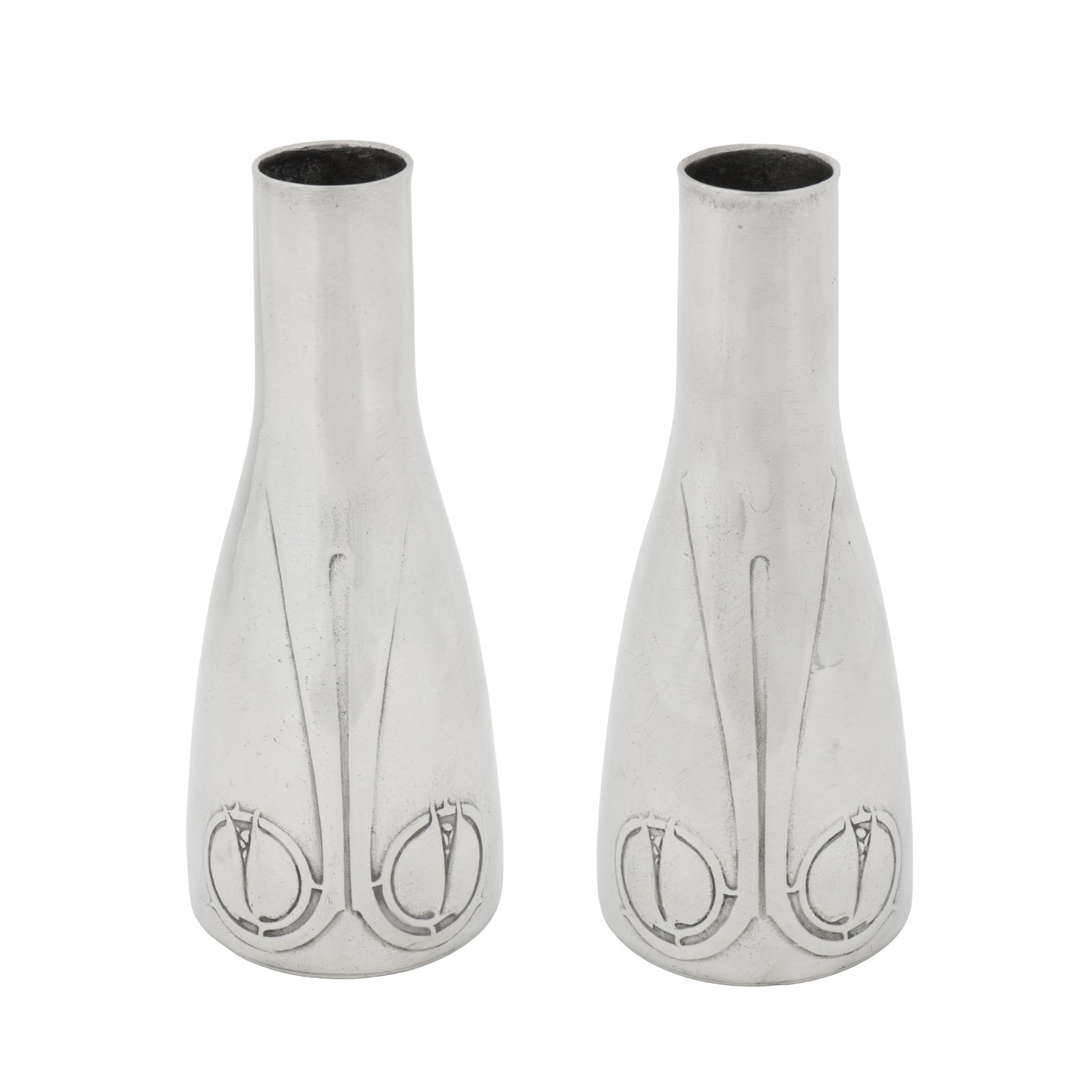 Archibald Knox (British 1864-1933) for Liberty and Co. Pair of vases, model no. 0323: Circa 1905 Pewter Underside stamped '3', 'ENGLISH PEWTER', model number, 'MADE IN ENGLAND', and Solkets mark 17.5cm high