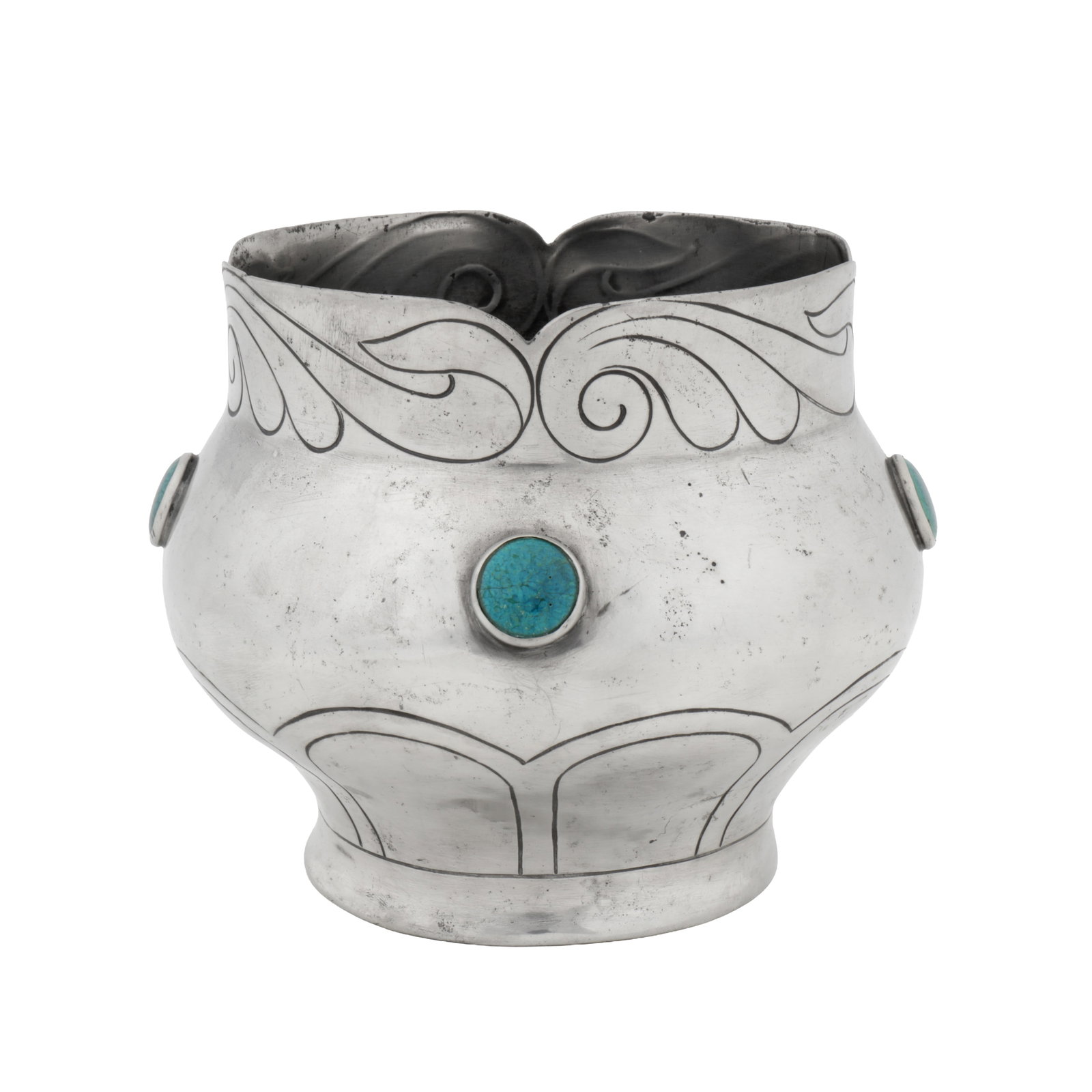 Liberty and Co, British Vase or rose bowl with turquoise cabochons, model 01077: Circa 1905 Pewter, turquoise Underside stamped 'LIBERTY AND CO', 'PEWTER', and model number 13cm high