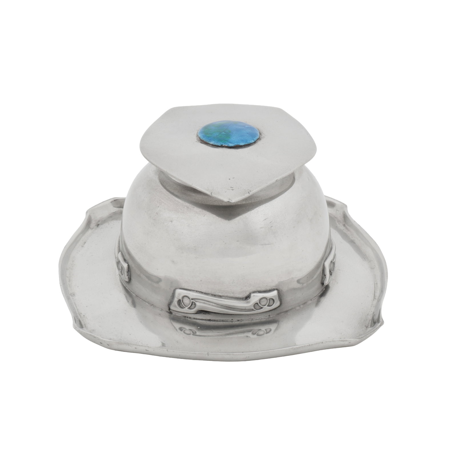 Archibald Knox (British 1864-1933) for Liberty and Co. 'Tudric' inkwell with enamel cabochon to: Circa 1905 Pewter, enamel Underside stamped '9', TUDRIC', 'MADE IN ENGLAND', and model number 6cm high